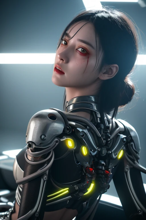 1mechanical girl,((ultra realistic details)),portrait,global illumination,shadows,octane render,8k,ultra sharp,metal,intricate,ornaments detailed,cold colors,egypician detail,highly intricate details,realistic light,trending on cgsociety,glowing eyes,facing camera,neon details,machanical limbs,blood vessels connected to tubes,mechanical vertebra attaching to back,mechanical cervial attaching to neck,sitting,wires and cables connecting to head,