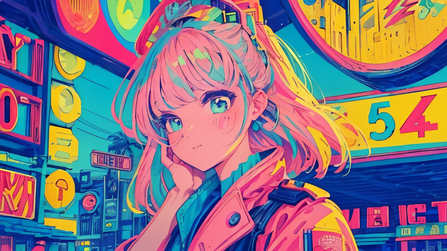 best quality, 4K wallpaper, masterpiece, extremely detailed CG unity 8k wallpaper, extremely detailed eyes, ultra-detailed, intricate details, close up 1 happy girl in center, retro art style, neon_pop art style, public, outdoors, road sign, city, people
