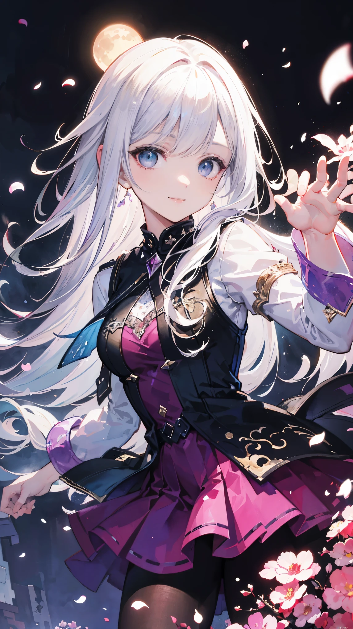 masterpiece, best quality, 1 girl, (rich and colorful),(Delicate and beautiful eyes and delicate face),cinematic Lighting,Half-length photo,Extremely detailed CG unified 8k wallpaper,white hair,alone,Smile,Complex skirts,((Fly petals)),(meadow with flowers) Sky, cloudy_Sky, architecture, moonLight, moon, night, (dark theme:1.3), Light, fantasy,,fantasy, high contrast, ink strokes, explode, overexposure, Impressions of purple and red tones , Abstract, ((Watercolors by John Berkey and Jeremy Mann )) brush strokes, negative space,black pantyhose