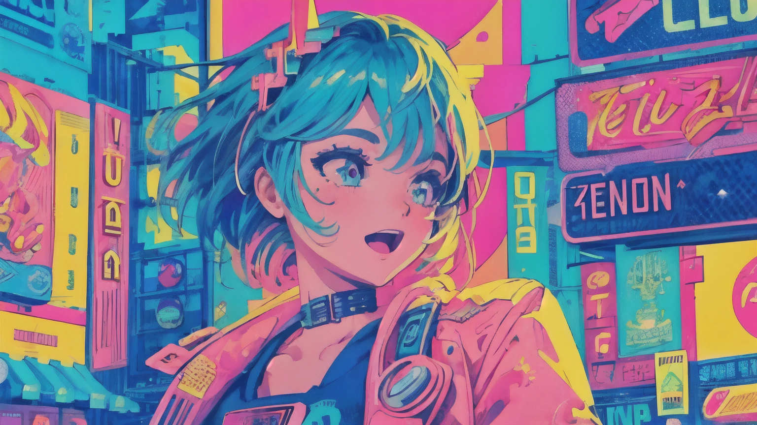 best quality, 4K wallpaper, masterpiece, extremely detailed CG unity 8k wallpaper, extremely detailed eyes, ultra-detailed, intricate details, close up 1 happy girl in center, retro art style, neon_pop art style, public, outdoors, road sign, city, people