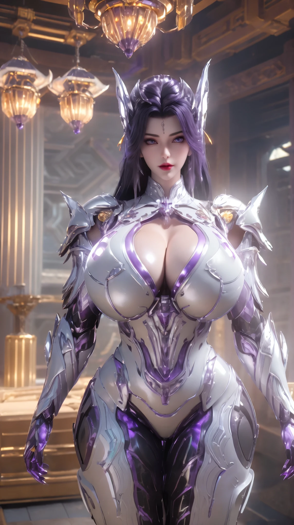 A BUSTY MILF, PORTRAIT,UPPER BODY,SOLO,(BEAUTY purple HAIR, GOLD DRAGON HORN), (MASSIVE FAKE BOOBIES,CLEAVAGE TOP,MUSCLE ABS:1.5), ((WEARING OUTFIT (LED PURPLE, WHITE, BLACK) SHINY ROBOT MECHANICAL BIKINI ARMOR:1.5)),(CURVY VOLUPTUOUS BODY MATURE WOMAN:1.5), (SWEATY GLOSSY BODYSKIN:1.5), (LOOKING AT VIEWER:1.5),(BACKGROUND FUTURISTIC SPACE STATION:1), (PHOTOREALSITIC:1.4), (ULTRA-DETAILLIERT), (TOP-QUALITY), (BEST SHADOWS), BRIGHT LIGHT IN ROOM, HYPER TEXTURE, (4X MSAA), ((UNREAL ENGINE 5 RENDER)), PHYSICALLY-BASED RENDERING, ULTRA HIGHT DEFINITION, 16K, 1080P.