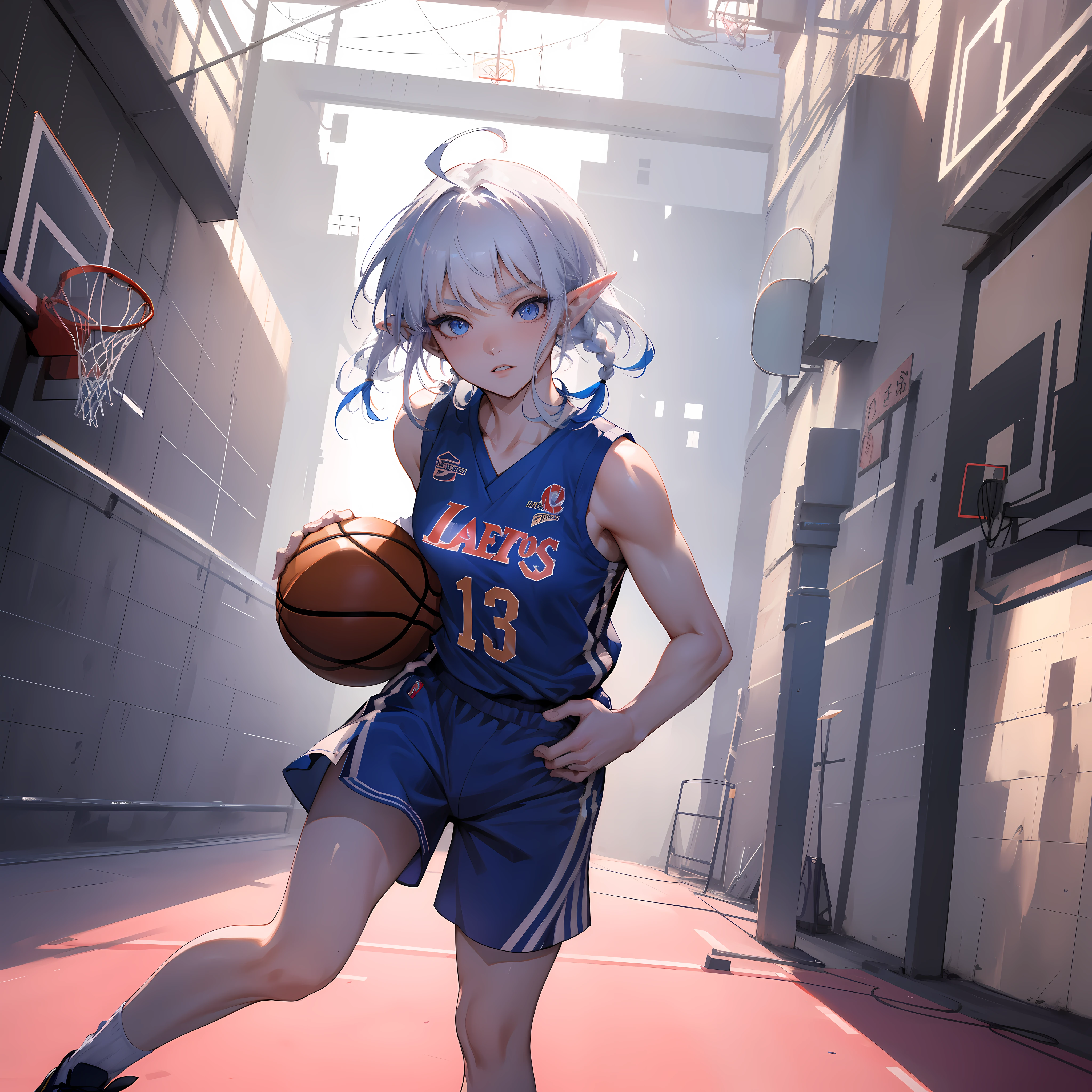 ((masterpiece)), (top quality), (best quality), ((ultra-detailed, 8k quality)), Aesthetics, Cinematic lighting, soft semi-backlit light, (detailed line art), absurdres, (best composition), (high-resolution),
BREAK,
portrait of beautiful basketball player (elf girl), full body,  playing basketball, (atmospheric perspective, wide angle), cinematic dramatic atmosphere, outdoors, (basketball court:1.3), ((basketball uniforms, Short pants)), (black armband), (white knee protector), sneakers, sweating, good composition, (bokeh:1.2), (blurry background:1.2), (depth of field:1.1), 
BREAK,
highly detailed of (elf), (1girl), solo, perfect face, details eye, ahoge, twin braids, white shining hair, hime cut bangs, medium hair, [[floating hair]], blue eyes, shining eyes, (beautiful detailed eyelashes, eyeshadow, pink eyeshadow), smirking, design art by Mikimoto Haruhiko, by Kawacy, By Yoshitaka Amano,
BREAK, 
((perfect anatomy)), perfect body, Abs, (medium breast), perfect hands, perfect face, beautiful face, beautiful eyes, perfect eyes, (perfect fingers, deatailed fingers), correct anatomy, perfect legs, perfect ball, Detailed ball,