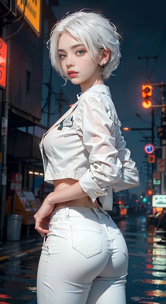 Cute albino girl,(((1 girl))),(( People with albinism,With extremely beautiful white hair)),
(small breasts:1.4),(((white hair:1.35,Colored inner hair,ear breathing,puple hair,Tomboy hairstyle))),((Heterochromia:1.5,Eyes 1 white,eyes 2 water,perfect eyes,Eyes looking upwards:1.3,Beautiful and delicate eyes,Beautiful and delicate eyes:1,great emphasis on the eyes:1.2,slanted eyes)),(((pale skin,Glowing skin:1.5,glowing skin: 1.5,tanned skin,glowing skin,The skin is very radiant,shining body,plastic glitter skin,glowing skin exagerada,glowing skin,wet legs))),(lower abdomen,Willow Yao,big butt,athletic body,inflatable legs,Delicate and delicate fingers,detailed body,Detailed weapons,human hand,(Detailed face)),
solution,Debauchery,Tempting,disciple,(((national foundation))),
(((Wearing a white formal blazer,white pants,))),(((Huge cleavage))),((wet clothes,detailed clothing,Detailed clothes)),
(dynamic poses:1.0),single focus,Awkward,(center,Scale to fit dimensions,rule of thirds),
((((Cyberpunk seaside city,neon lights,water puddles)))),stormy sky,ominous skies,dark clouds,((Synthwave background theme,Detailed background : 1.25)),((((night,Nice lighting decoration,Detailed architecture)))),
(best quality,high resolution,sharp focus,Super detailed,Very detailed,extremely high quality art,(actual,lifelike:1.37),8k_wallpaper,(CG 8k Very detailed),(Very beautiful 8K CG),((Super super detailed perfect work)),impeccable artwork))),illustration,bright colors,(complex),high contrast,selective lighting,double contact,human development report (high dynamic range),post processing,background blur,core,(complex),high contrast,selective lighting,double contact,human development report (high dynamic range),post processing,background blur,