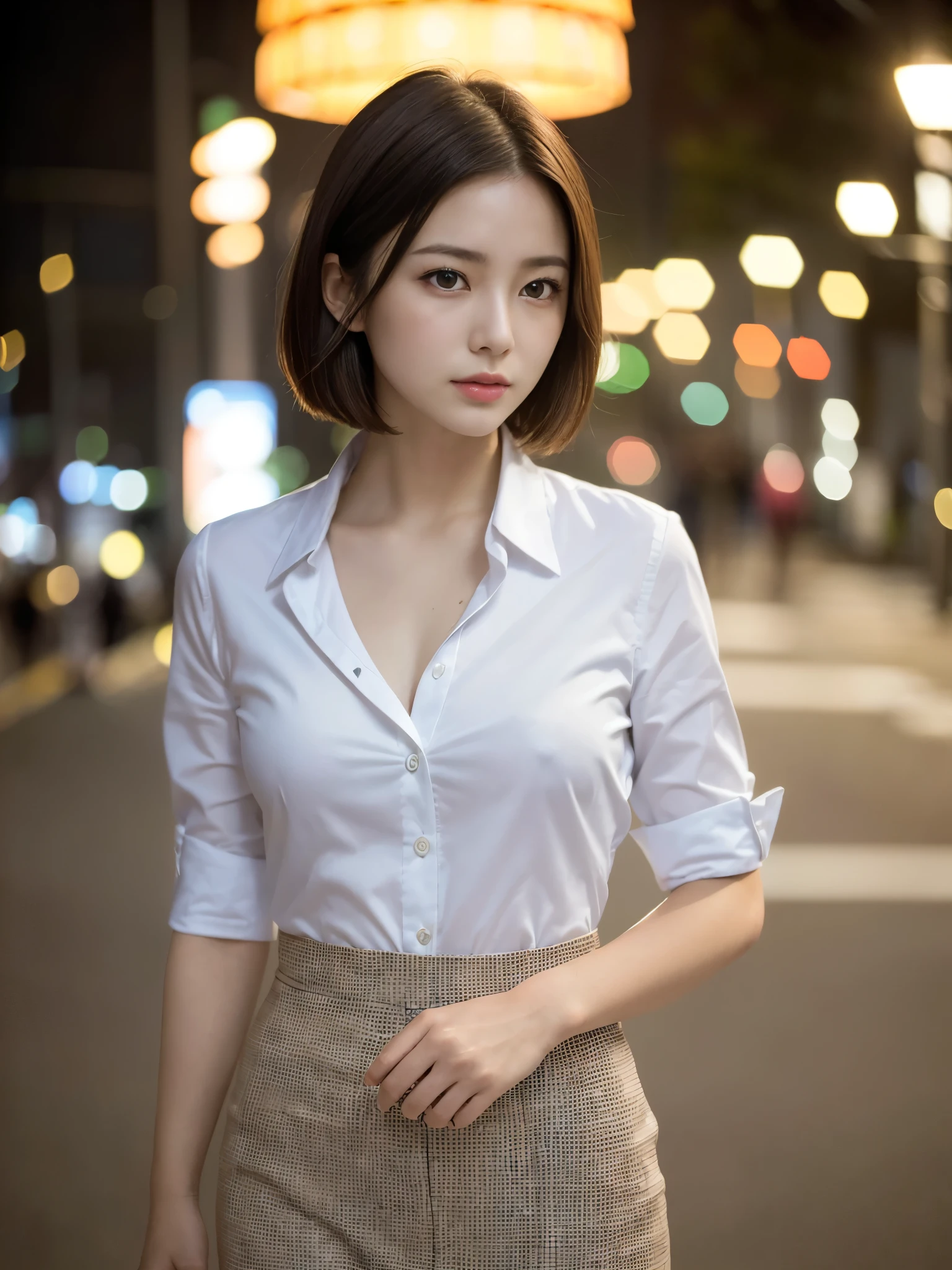 ((Highest quality, 8ก, Masterpiece: 1.3, raw photos)), Sharp focus: 1.2, (alone), (1 AESPA Girl: 1.2), (realistic, realistic: 1.37), (Face focus: 1.1), Cute face, small breasts, Flat chest, messy short hair, (business shirt: 1.1), Beautiful woman standing in the city under the light of a lantern, movie light, thigh,