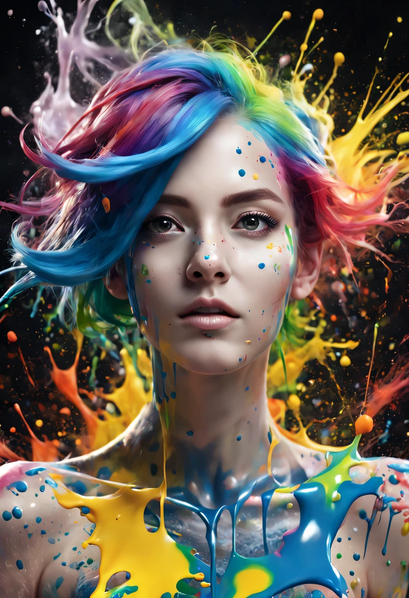 (level difference:1.8),(The paint collides and splashes onto the canvas),(depth of field),(flat color:1.1,(theme)),1 girl,poster,Full body female love,Strong wind,dense smoke,,(Liquid dye for rainbow-colored hair:1.1) Made of paint，anti-gravity,thick viscous liquid,(paint splatter:1.3),liquidity,stunningly beautiful, masterpiece, Detailed background,Super high quality model, ethereal background,abstract beauty, volume, painting,puff,romantic lighting,subsurface scattering,glow,8k,high resolution, excellent,Ray tracing,human development report,divinelight,