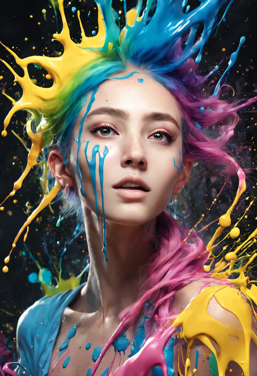 (level difference:1.8),(The paint collides and splashes onto the canvas),(depth of field),(flat color:1.1,(theme)),1 girl,poster,Full body female love,Strong wind,dense smoke,,(Liquid dye for rainbow-colored hair:1.1) Made of paint,anti-gravity,thick viscous liquid,(paint splatter:1.3),liquidity,stunningly beautiful, masterpiece, Detailed background,Super high quality model, ethereal background,abstract beauty, volume, painting,puff,romantic lighting,subsurface scattering,glow,8k,high resolution, excellent,Ray tracing,human development report,divinelight,