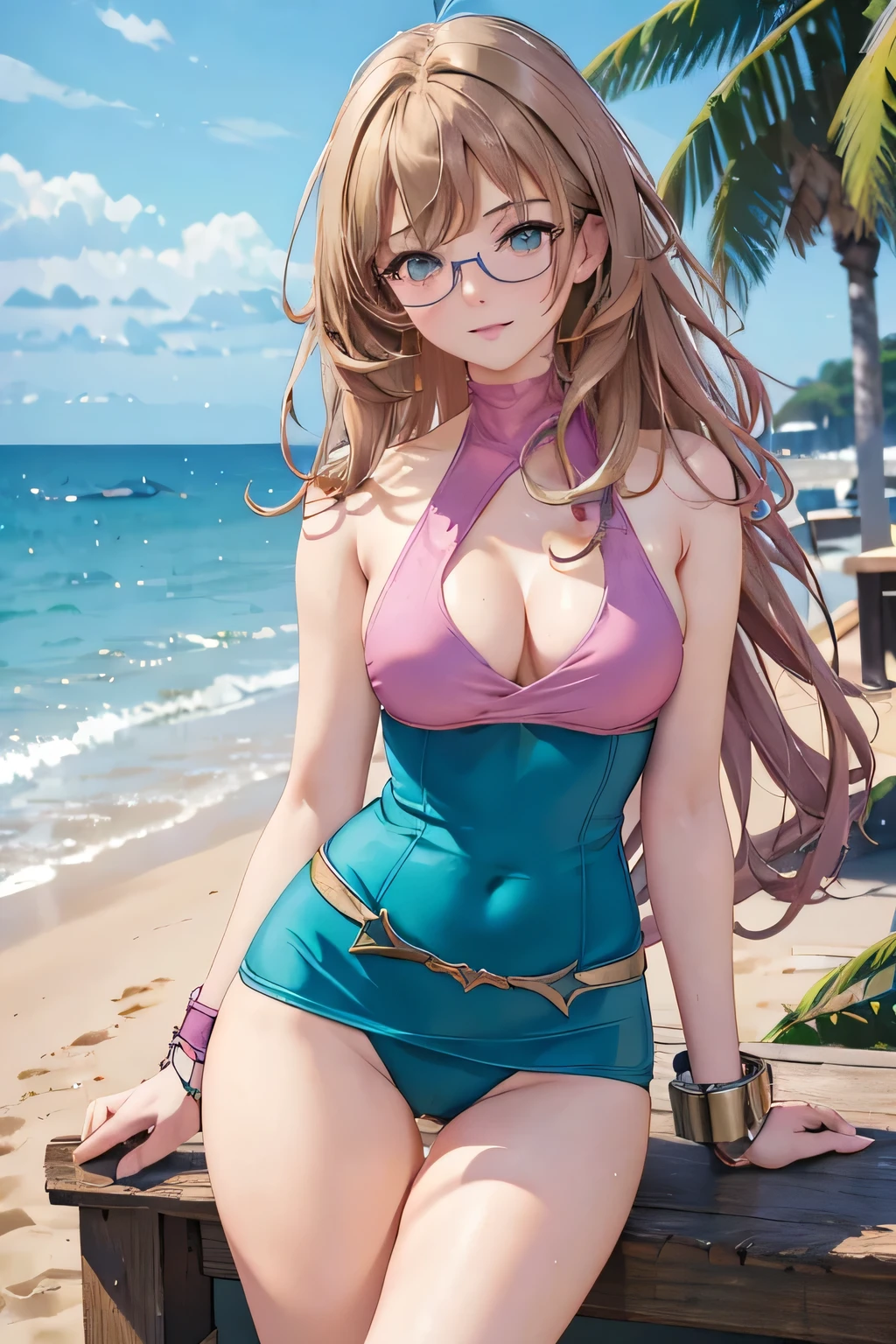 (masterpiece, professional photo:1.1), (8k, high resolution), single, solo women, European, (straight messy hair (dark blonde)), sexy curve, beautiful face, ultra detail eyes, (glasses:1.1), small breast, (high waist short pink:1.2), (teal high neck:1.2), sexy goddess, street, old beach side build, high quality image