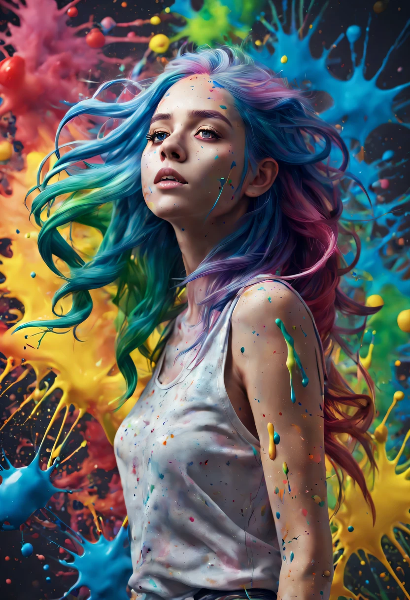 (level difference:1.8),(The paint collides and splashes onto the canvas),(depth of field),(flat color:1.1,(theme)),1 girl,poster,Full body female love,Strong wind,dense smoke,,(Liquid dye for rainbow-colored hair:1.1) Made of paint，anti-gravity,thick viscous liquid,(paint splatter:1.3),liquidity,stunningly beautiful, masterpiece, Detailed background,Super high quality model, ethereal background,abstract beauty, volume, painting,puff,romantic lighting,subsurface scattering,glow,8k,high resolution, excellent,Ray tracing,human development report,divinelight,