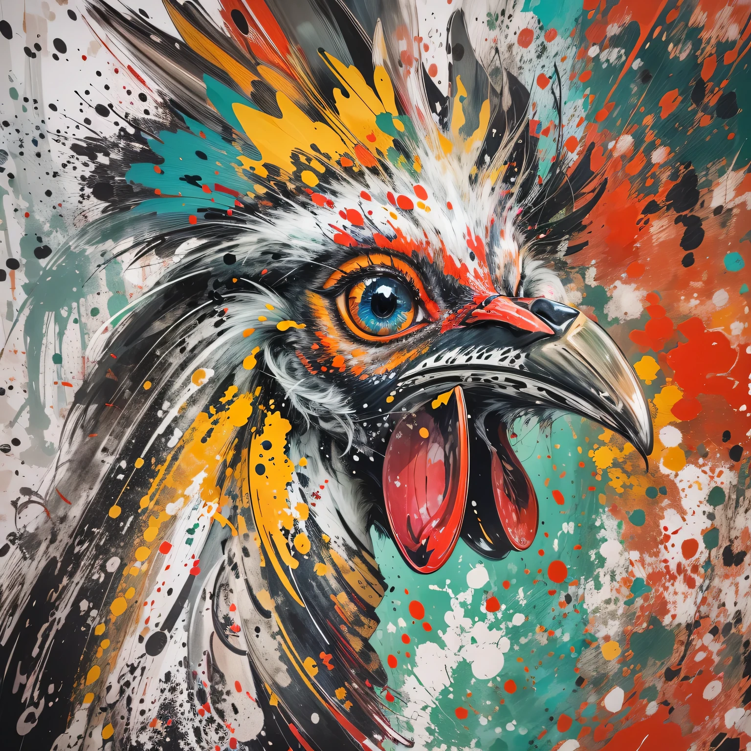 Ink splashing, artistic chicken, bright colors, Dynamic strokes, detailed feathered, abstract expressionism, eye-catching composition, high contrast, textured background, splash of ink, Vibrant lines, Bold form, superb technology, rich texture, charming composition, striking colors, expressive strokes, Lively movements, Unique personality, modern Art, mixed media, creative interpretation