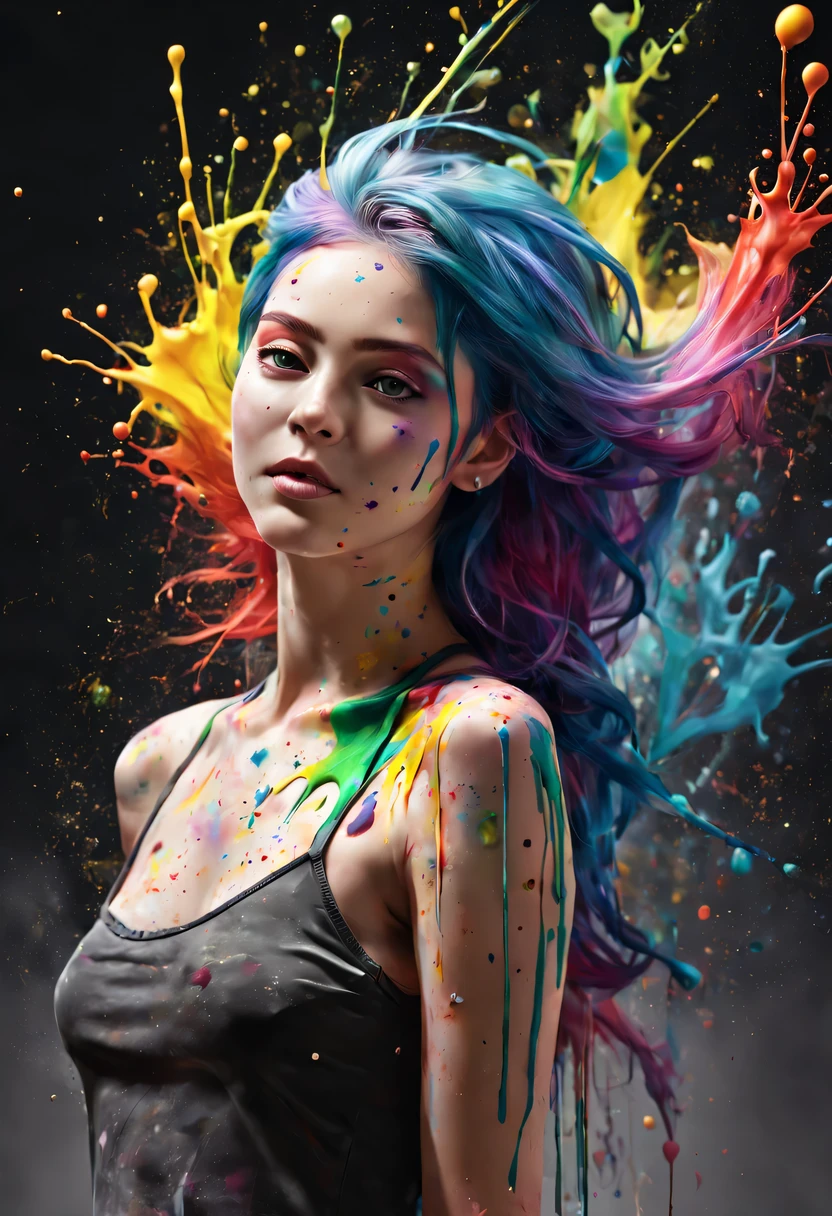 (level difference:1.8),(The paint collides and splashes onto the canvas),(depth of field),(flat color:1.1,(theme)),1 girl,poster,Full body female love,Strong wind,dense smoke,,(Liquid dye for rainbow-colored hair:1.1) Made of paint，anti-gravity,thick viscous liquid,(paint splatter:1.3),liquidity,stunningly beautiful, masterpiece, Detailed background,Super high quality model, ethereal background,abstract beauty, volume, painting,puff,romantic lighting,subsurface scattering,glow,8k,high resolution, excellent,Ray tracing,human development report,divinelight,