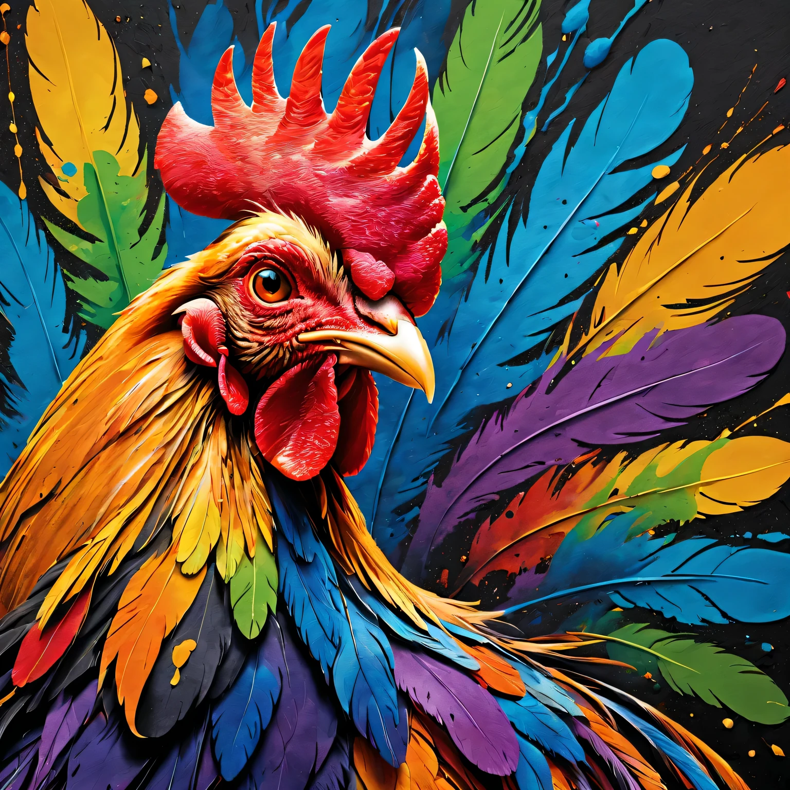 Ink splashing, artistic chicken, bright colors, Dynamic strokes, detailed feathered, abstract expressionism, eye-catching composition, high contrast, textured background, splash of ink, Vibrant lines, Bold form, superb technology, rich texture, charming composition, striking colors, expressive strokes, Lively movements, Unique personality, modern Art, mixed media, creative interpretation