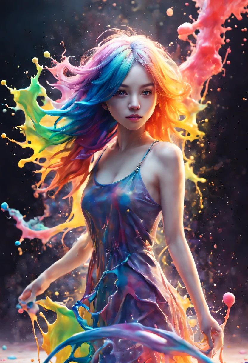 (level difference:1.8),(The paint collides and splashes onto the canvas),(depth of field),(flat color:1.1,(theme)),1 girl,poster,Full body female love,Strong wind,dense smoke,,(Liquid dye for rainbow-colored hair:1.1) Made of paint,anti-gravity,thick viscous liquid,(paint splatter:1.3),liquidity,stunningly beautiful, masterpiece, Detailed background,Super high quality model, ethereal background,abstract beauty, volume, painting,puff,romantic lighting,subsurface scattering,glow,8k,high resolution, excellent,Ray tracing,human development report,divinelight,