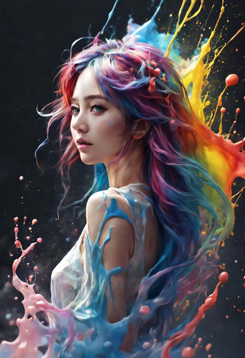 (level difference:1.8),(The paint collides and splashes onto the canvas),(depth of field),(flat color:1.1,(theme)),1 girl,poster,Full body female love,Strong wind,dense smoke,,(Liquid dye for rainbow-colored hair:1.1) Made of paint,anti-gravity,thick viscous liquid,(paint splatter:1.3),liquidity,stunningly beautiful, masterpiece, Detailed background,Super high quality model, ethereal background,abstract beauty, volume, painting,puff,romantic lighting,subsurface scattering,glow,8k,high resolution, excellent,Ray tracing,human development report,divinelight,