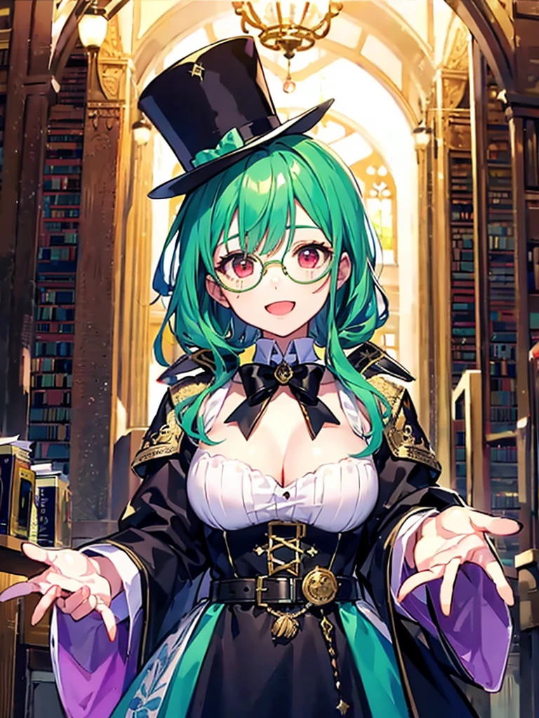 （（（masterpiece、Highest image quality、highest quality、highly detailed unity 8ｋwallpaper）））、（（Illustration of one girl、upper body））、（（（beautiful girl）））、（librarian）、（Emerald green hair、messy hair、sidelocks：1.2、red eyes、crazy smile）、（（（flat chest）））、（（（monocle）））、pocket watch、（（（Black top hat、Black tuxedo、belt）））、great medieval library、Large amount of books