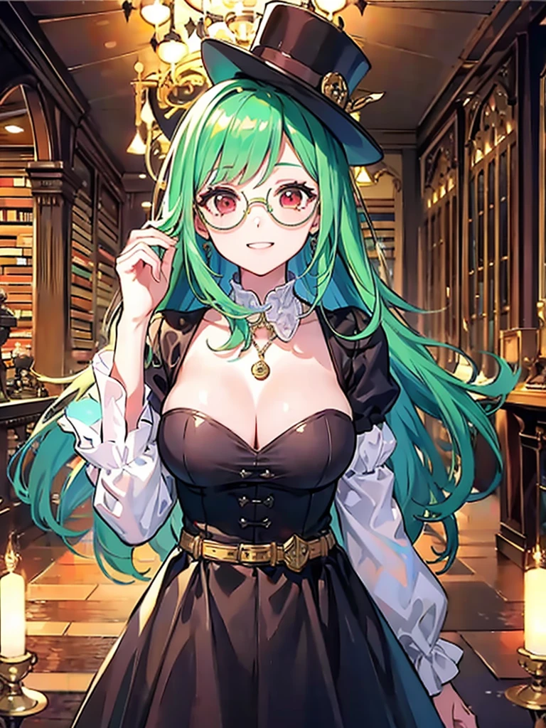 （（（masterpiece、Highest image quality、highest quality、highly detailed unity 8ｋwallpaper）））、（（Illustration of one girl、upper body））、（（（beautiful girl）））、（librarian）、（Emerald green hair、messy hair、sidelocks：1.2、red eyes、crazy smile）、（（（flat chest）））、（（（monocle）））、pocket watch、（（（Black top hat、Black tuxedo、belt）））、great medieval library、Large amount of books