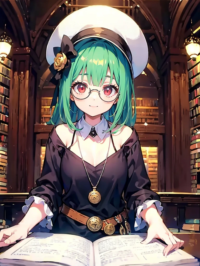 （（（masterpiece、Highest image quality、highest quality、highly detailed unity 8ｋwallpaper）））、（（Illustration of one girl、upper body））、（（（beautiful girl）））、（librarian）、（Emerald green hair、messy hair、sidelocks：1.2、red eyes、crazy smile）、（（（flat chest）））、（（（monocle）））、pocket watch、（（（Black top hat、Black tuxedo、belt）））、great medieval library、Large amount of books