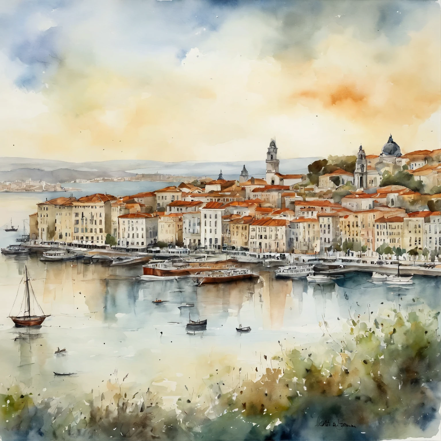 Port of lisbon and beautiful view of the Bosphorus in style by Jean Paul Croquineur.  lisboa, Barcos, nubes, acuarela, Architectural drawing, clausura, Vista frontal con plano, pluma, [color de tinta], tonos sucios, coloreado