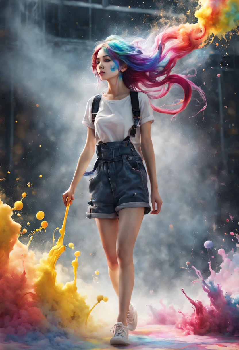 (level difference:1.8),(The paint collides and splashes onto the canvas),(depth of field),(flat color:1.1,(theme)),1 girl,poster,Full body female love,Strong wind,dense smoke,,(Liquid dye for rainbow-colored hair:1.1) Made of paint,anti-gravity,thick viscous liquid,(paint splatter:1.3),liquidity,stunningly beautiful, masterpiece, Detailed background,Super high quality model, ethereal background,abstract beauty, volume, painting,puff,romantic lighting,subsurface scattering,glow,8k,high resolution, excellent,Ray tracing,human development report,divinelight,