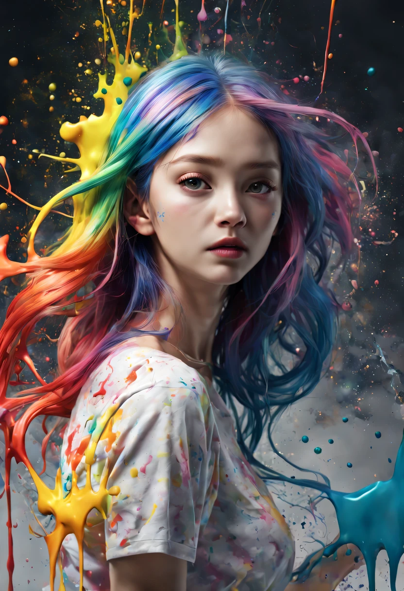 masterpiece, splash art, colorful, colorful splash art, reduce、Scattered paint painting, magician, beautiful girl，Stylized abstract portrait of beautiful girl