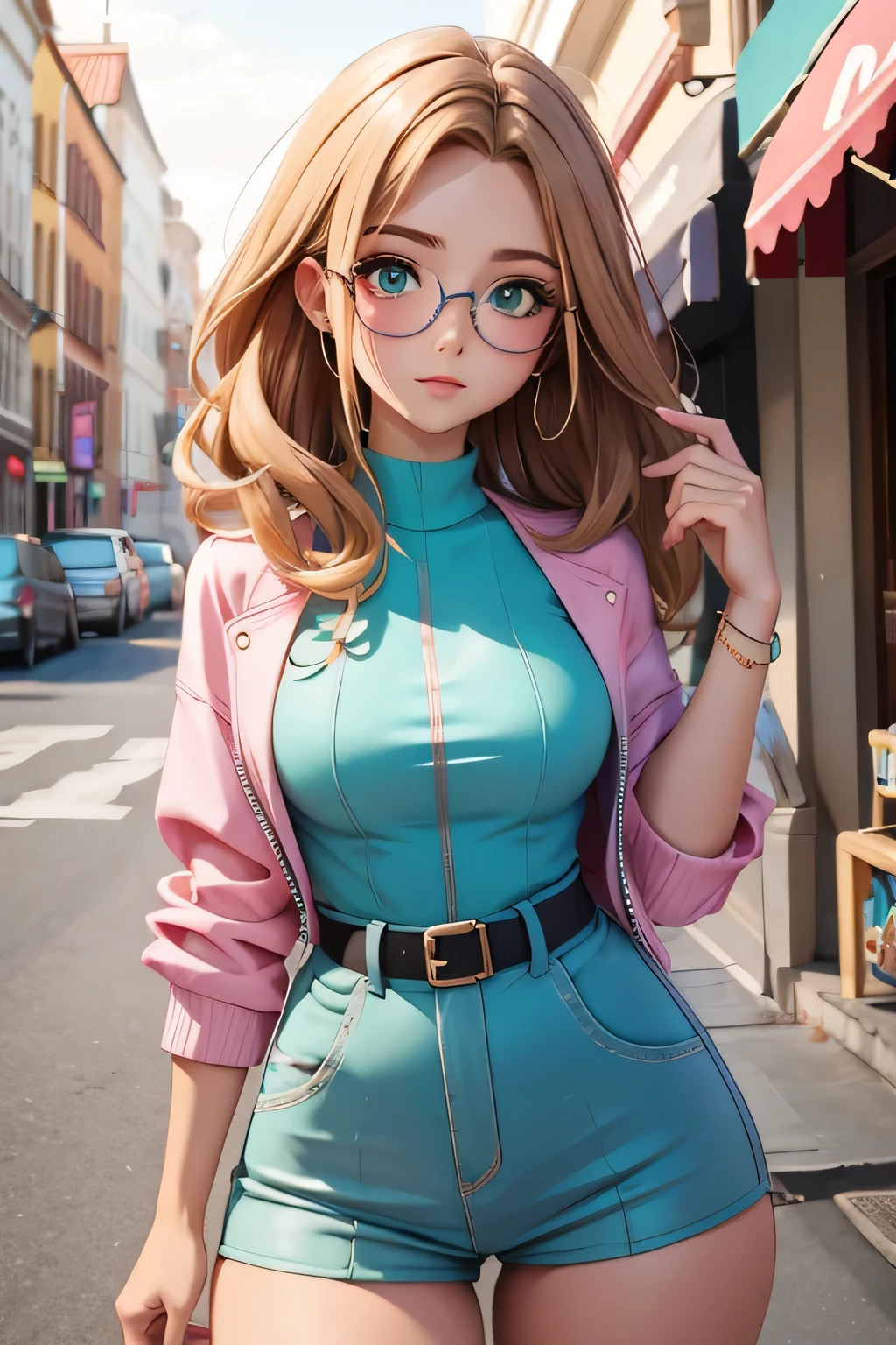 (masterpiece, professional photo:1.1), (8k, high resolution), single, solo women, European, (straight messy hair (dark blonde)), sexy curve, beautiful face, ultra detail eyes, (glasses:1.1), small breast, (high waist short pink:1.2), (teal high neck:1.2), sexy goddess, street, old beach side build, high quality image