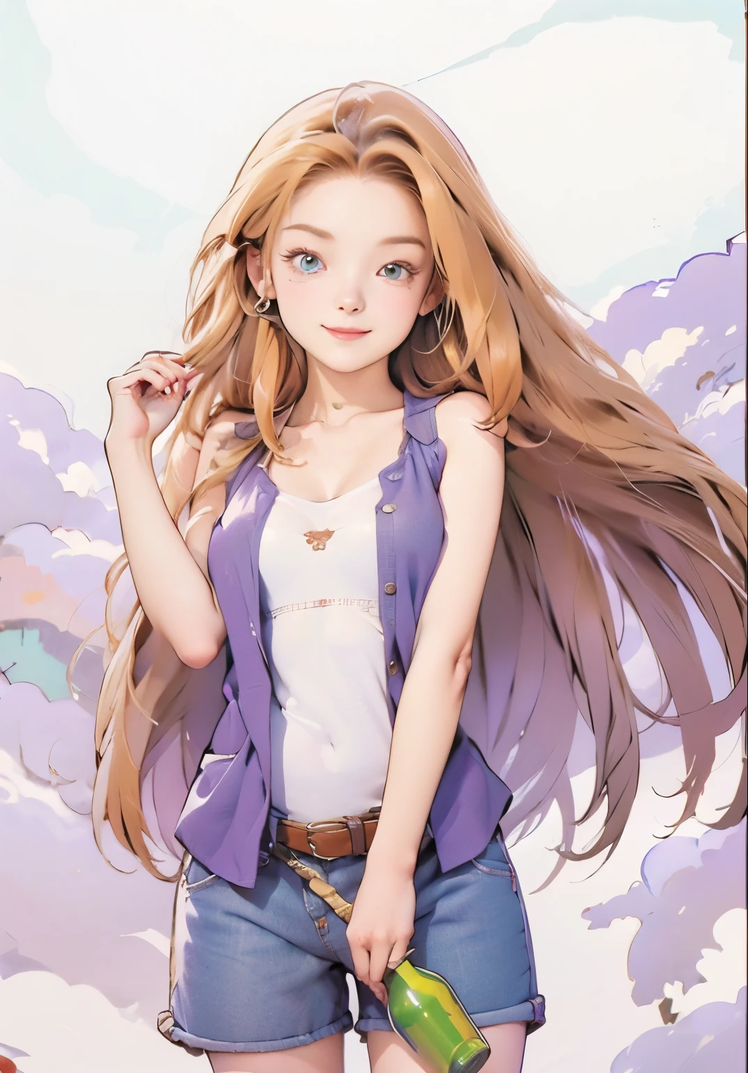 Realistic Picture of Game Character Karen, Female game Character, Harvest Moon Back to Nature, long brown hair, with little golden bangs hair, green eyes, smiling face,  wear purple sleeveless open shirt, white tank top, blue short pants, brown belt, left hand holding wine bottle, right hand waving, 3d figure character, Hyperrealistic texture, detailed skin