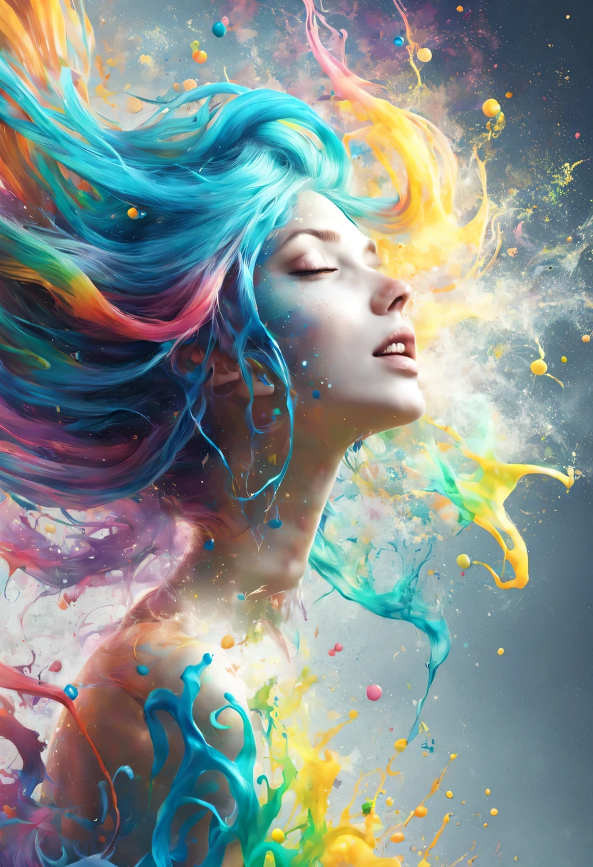 (level difference:1.8),(The paint collides and splashes onto the canvas),(depth of field),(flat color:1.1,(theme)),1 girl,poster,Full body female love,Strong wind,dense smoke,,(Liquid dye for rainbow-colored hair:1.1) Made of paint,anti-gravity,thick viscous liquid,(paint splatter:1.3),liquidity,stunningly beautiful, masterpiece, Detailed background,Super high quality model, ethereal background,abstract beauty, volume, painting,puff,romantic lighting,subsurface scattering,glow,8k,high resolution, excellent,Ray tracing,human development report,divinelight,