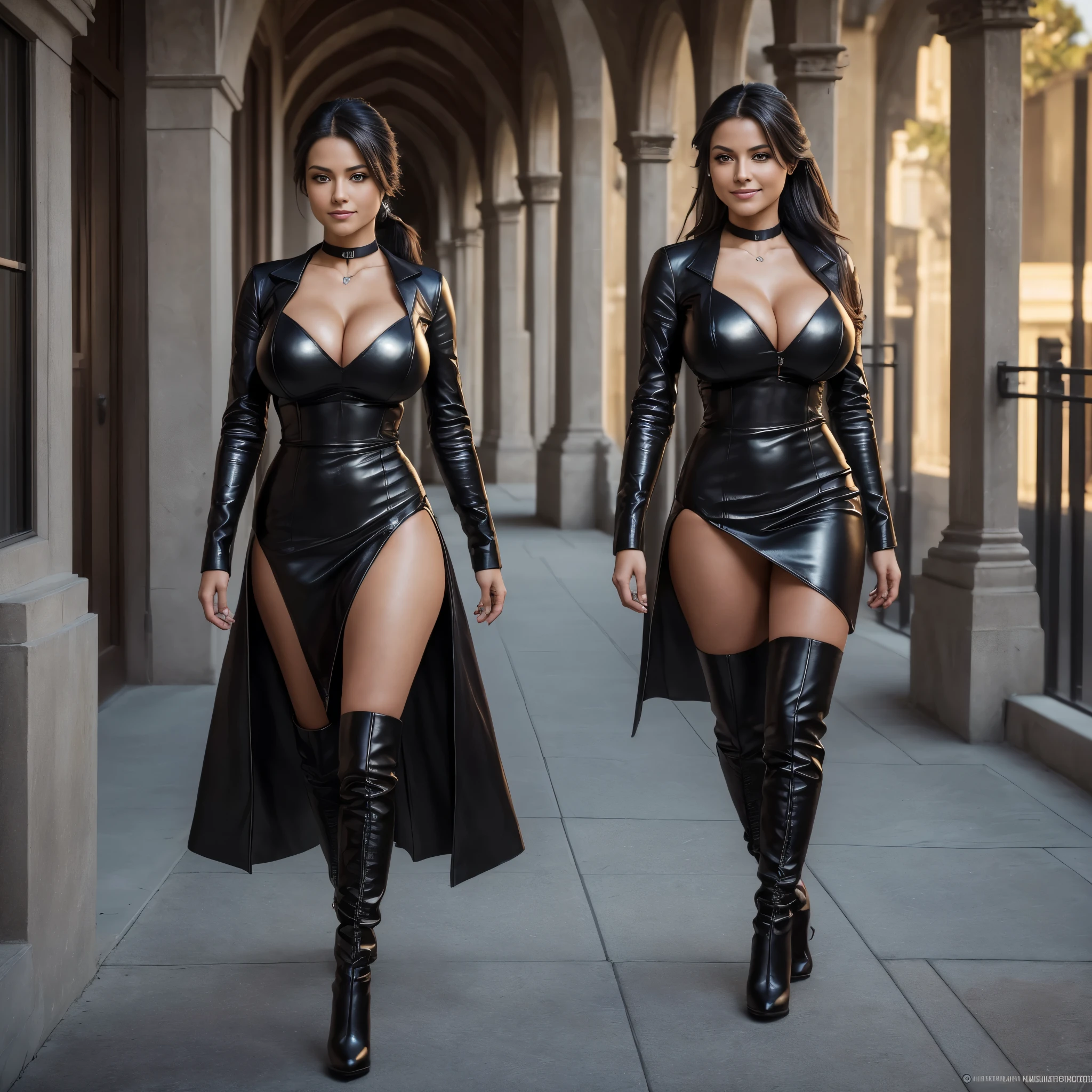 (Isabel Merced walking outside in long wide leather party dress, high heels boots, dark hair, pony tail, choker, slim photo model, (big breasts:1.3), smiling, Real Life, full bodyshot, Ultra Realistic, Photorealism, Photography, 8K UHD, Photo, HDR, Complex and Elegant, Highly Detailed, Sharp Focus, Stunning, Beautiful, Gorgeous), (Masterpiece: 1.2, Best Quality 1:1, Ultra Detail: 1.2, Best Shadows, 8k: 1.1), (beautiful detailed face), high contrast, (perfect lighting: 1.2), (cinematic light)), colorful, hyper-detail, dramatic light, intricate detail, photograph by arny freytag