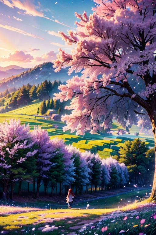 prompt: masterpiece, 最high quality, super detailed, 1 girl, detailed water, long hair, corkscrew curl, redhead, light gray eyes, (close), maple tree, mistletoe everywhere, nice, maple and spruce trees, cherry, cherry tree, smile, View from the front, wolf ears, snow background, SF, multiple tails, Tall evergreens stand tall and proud, Their branches were heavy with heavy snow, volume lighting AND masterpiece, 最high quality, high quality, Highly detailed CG unity 8k wallpaper vibrant spring landscape, Full of new life and color. The rolling hills are covered with a green carpet, Dotted with delicate wildflowers in shades of pink, purple, and yellow, volume lighting