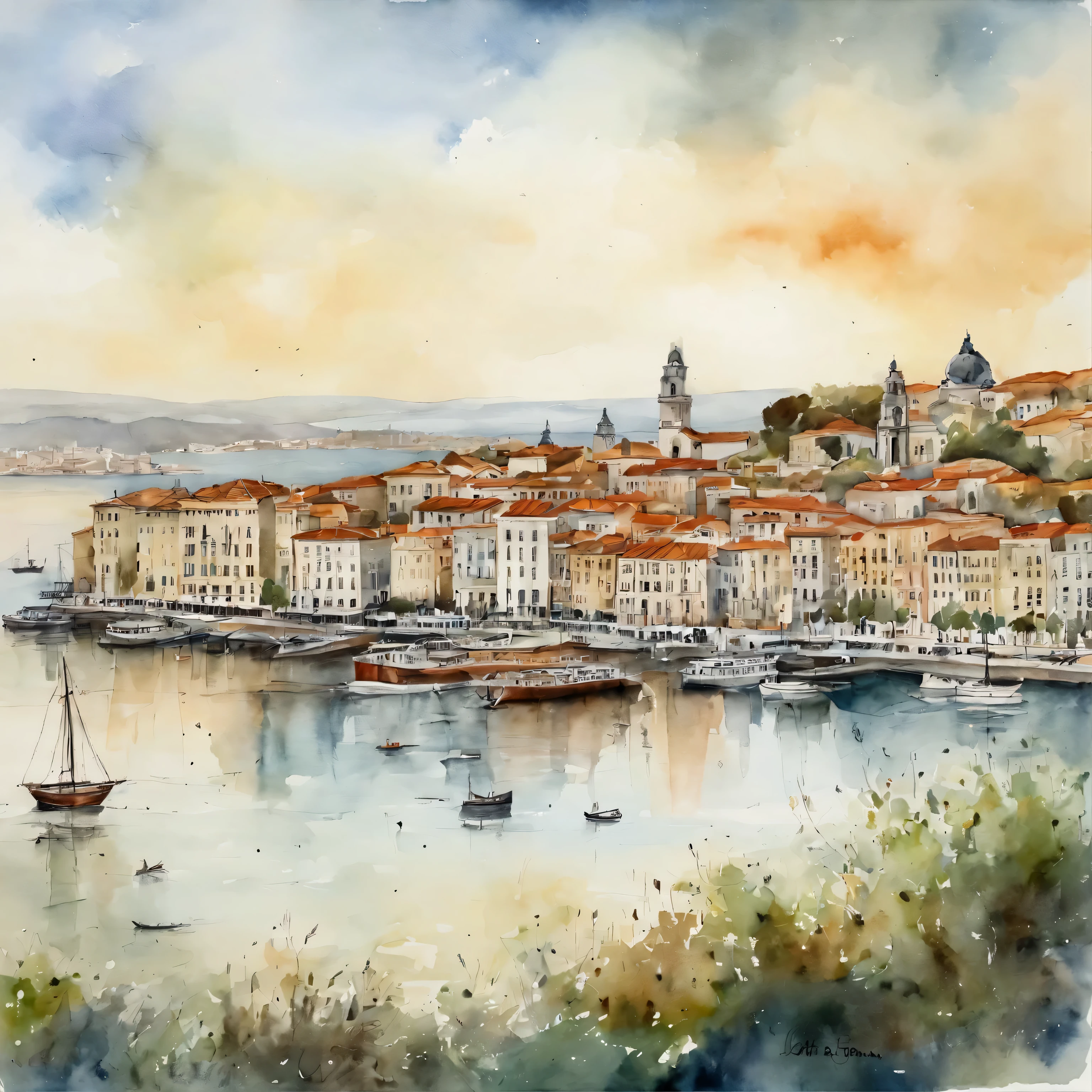 Port of lisbon and beautiful view of the Bosphorus in style by Jean Paul Croquineur.  lisboa, Barcos, nubes, acuarela, Architectural drawing, clausura, Vista frontal con plano, pluma, [color de tinta], tonos sucios, coloreado