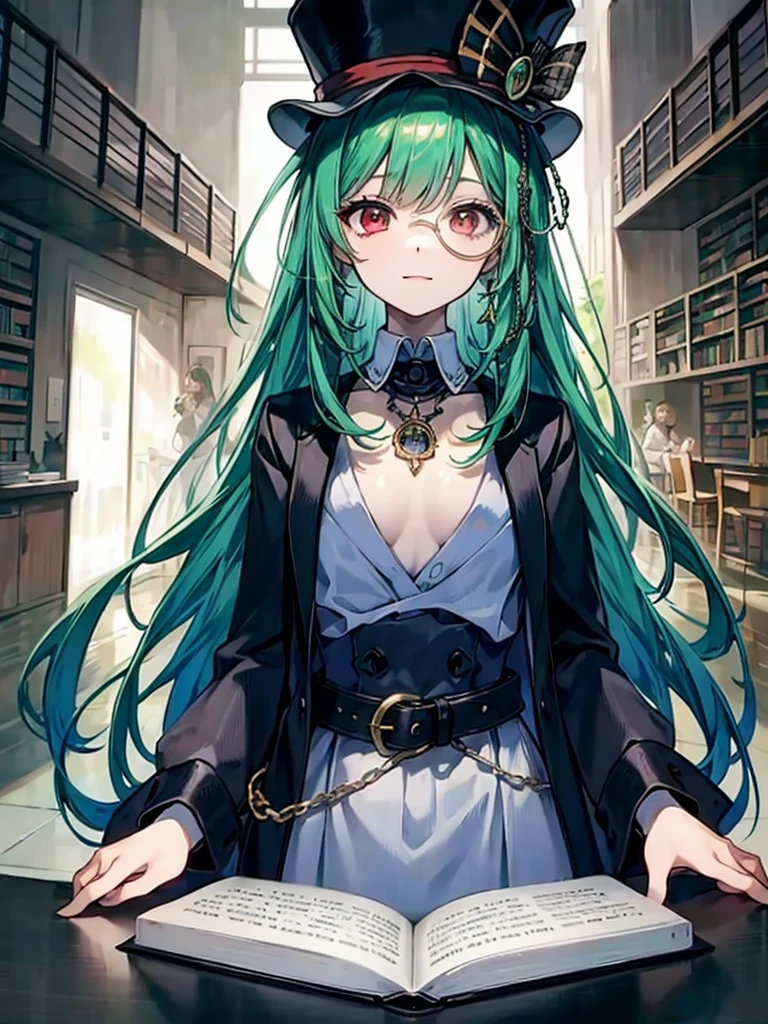 （（（masterpiece、Highest image quality、highest quality、highly detailed unity 8ｋwallpaper）））、（（Illustration of one girl、upper body））、（（（beautiful girl）））、（librarian）、（Emerald green hair、messy hair、sidelocks：1.2、red eyes、crazy smile）、（（（flat chest）））、（（（monocle）））、pocket watch、（（（Black top hat、Black tuxedo、belt）））、great medieval library、Large amount of books