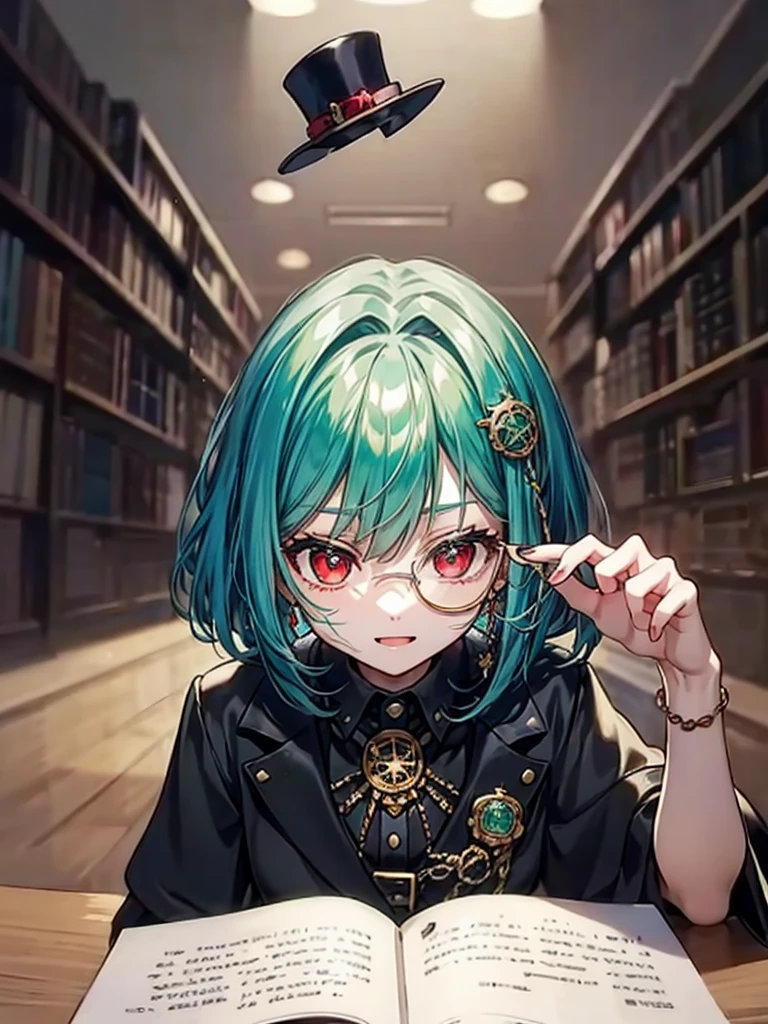 （（（masterpiece、Highest image quality、highest quality、highly detailed unity 8ｋwallpaper）））、（（Illustration of one girl、upper body））、（（（beautiful girl）））、（librarian）、（Emerald green hair、messy hair、sidelocks：1.2、red eyes、crazy smile）、（（（flat chest）））、（（（monocle）））、pocket watch、（（（Black top hat、Black tuxedo、belt）））、great medieval library、Large amount of books