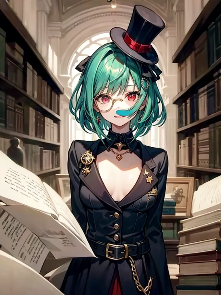 （（（masterpiece、Highest image quality、highest quality、highly detailed unity 8ｋwallpaper）））、（（Illustration of one girl、upper body））、（（（beautiful girl）））、（librarian）、（Emerald green hair、messy hair、sidelocks：1.2、red eyes、crazy smile）、（（（flat chest）））、（（（monocle）））、pocket watch、（（（Black top hat、Black tuxedo、belt）））、great medieval library、Large amount of books