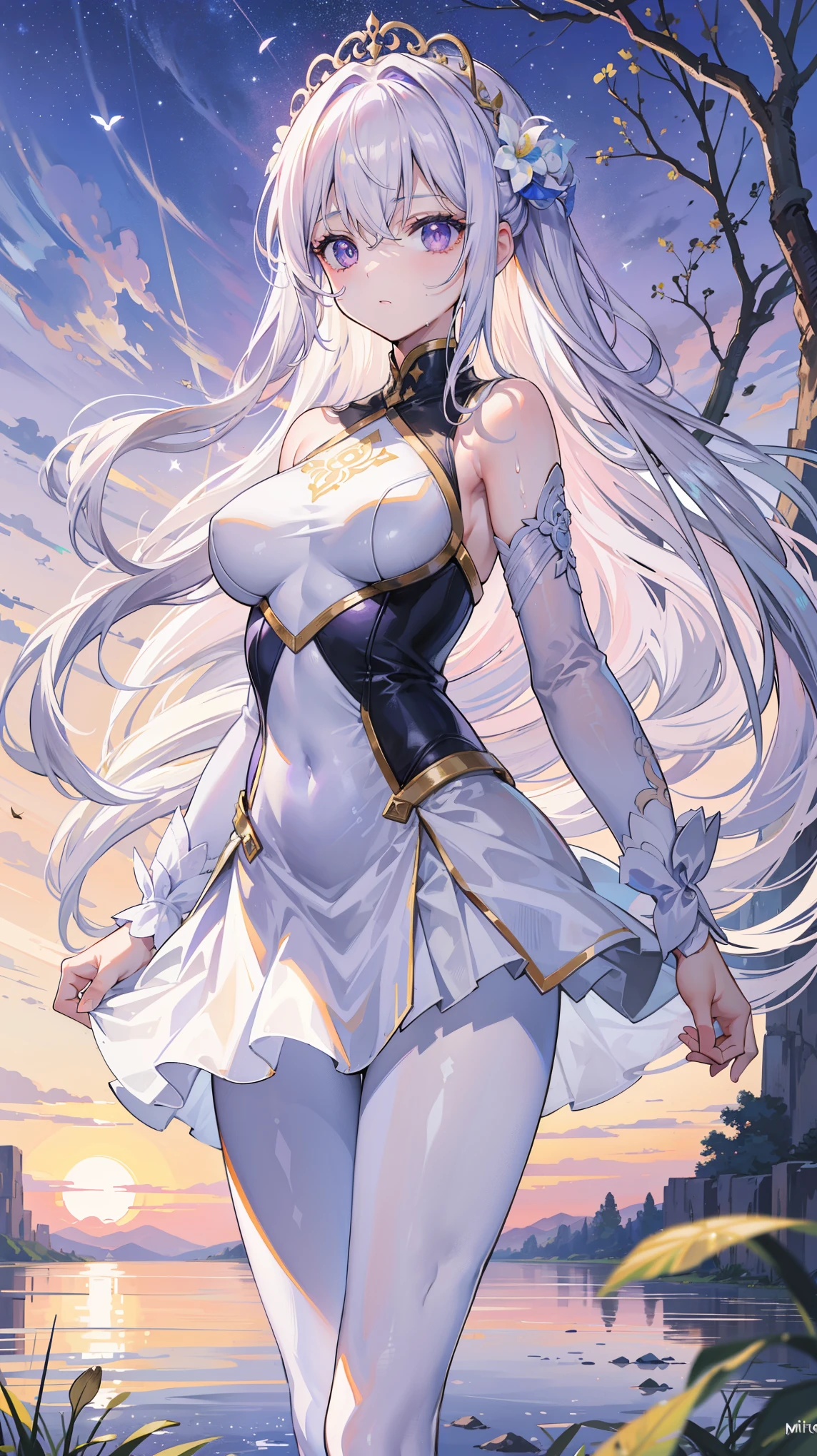 {{{masterpiece}}}, {{best quality}}, {{Super beautiful illustrations}}, {{Beautiful and delicate water}}, {{beautiful and detailed eye}, {very detailed light}, {Perfect and delicate limbs}, {nature}, {}, {splash}, {delicate glow}, {{Very beautiful 8KCG wallpaper}}, lilac eyes, peach pink pupils, Full body female love, White hair, glowing eyes, An extremely delicate and beautiful girl, (1 girl), medium bust, dynamic angle, (purple dress，Golden decoration), (Long hair flying everywhere), (beautiful hair decoration), (Exquisite wet suit), (national foundation), (breeze), long hair blown up, ((messy hairstyle)), (Long bangs between the eyes), Pleated skirt, flower meadow, near the water edge, (((Sunset)), (Fewer stars form a circle), randomly distributed clouds, (river), (Willow branches fall into the water)，Wearing white silk pantyhose