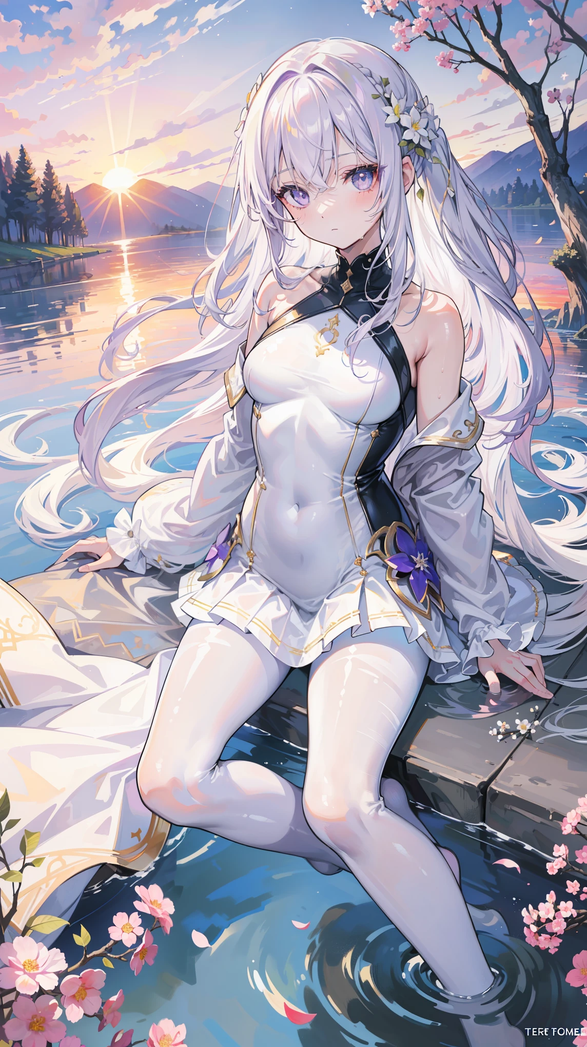 {{{masterpiece}}}, {{best quality}}, {{Super beautiful illustrations}}, {{Beautiful and delicate water}}, {{beautiful and detailed eye}, {very detailed light}, {Perfect and delicate limbs}, {nature}, {}, {splash}, {delicate glow}, {{Very beautiful 8KCG wallpaper}}, lilac eyes, peach pink pupils, Full body female love, White hair, glowing eyes, An extremely delicate and beautiful girl, (1 girl), medium bust, dynamic angle, (purple dress,Golden decoration), (Long hair flying everywhere), (beautiful hair decoration), (Exquisite wet suit), (national foundation), (breeze), long hair blown up, ((messy hairstyle)), (Long bangs between the eyes), Pleated skirt, flower meadow, near the water edge, (((Sunset)), (Fewer stars form a circle), randomly distributed clouds, (river), (Willow branches fall into the water),Wearing white silk pantyhose