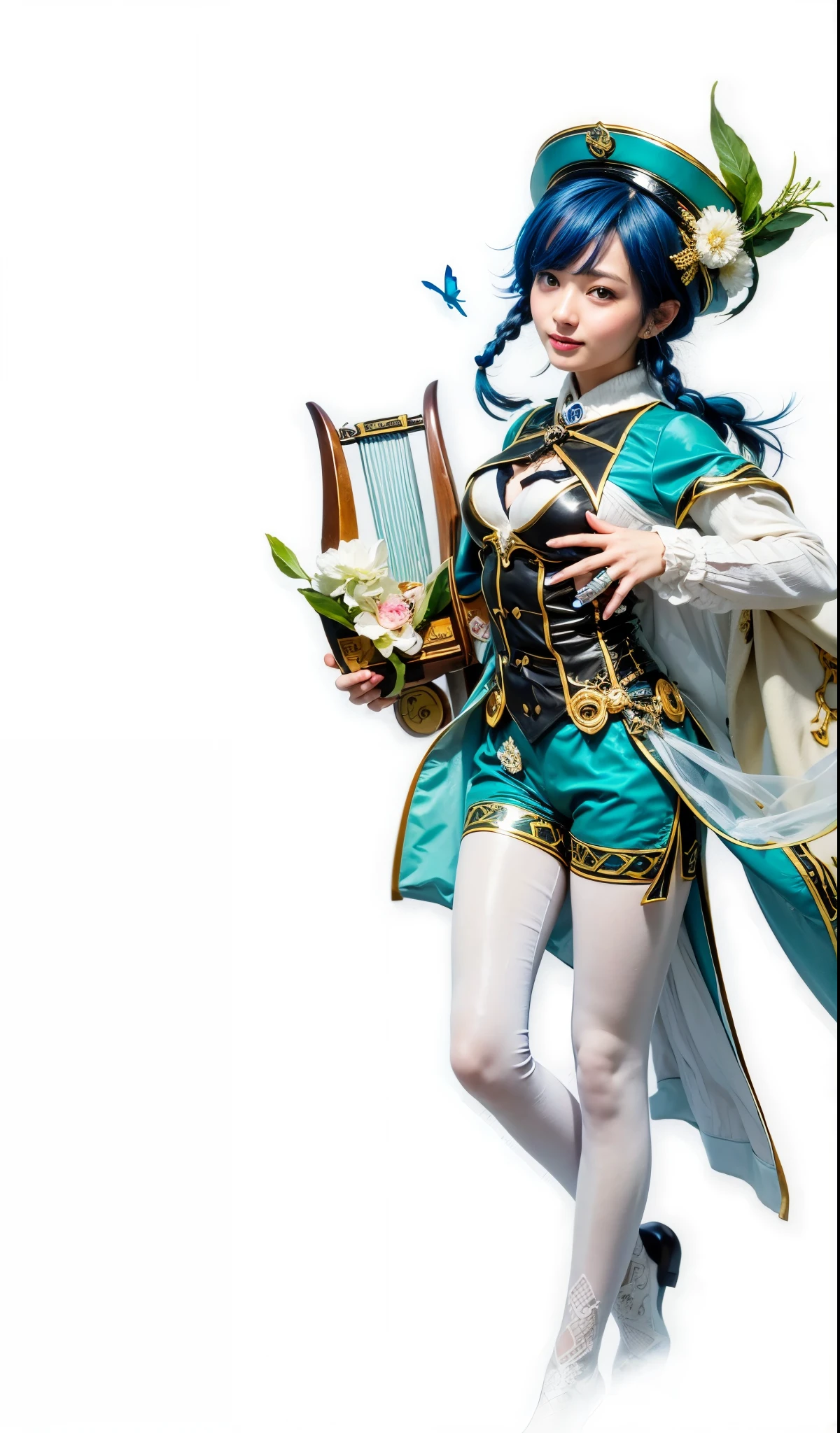 Venti, genshin impact, mondstadt, girly male, harp, gradient blue hair, white stocking