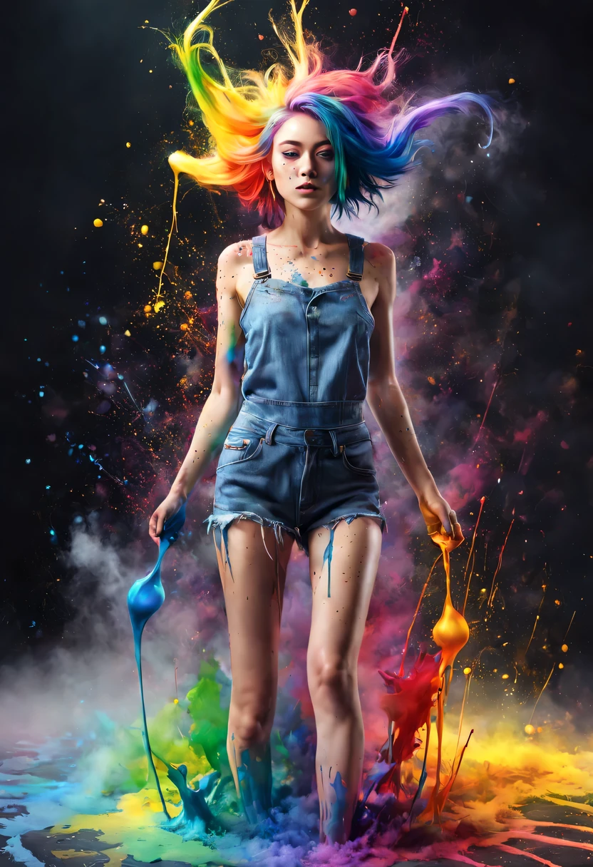 (level difference:1.8),(The paint collides and splashes onto the canvas),(depth of field),(flat color:1.1,(theme)),1 girl,poster,Full body female love,Strong wind,dense smoke,,(Liquid dye for rainbow-colored hair:1.1) Made of paint，anti-gravity,thick viscous liquid,(paint splatter:1.3),liquidity,stunningly beautiful, masterpiece, Detailed background,Super high quality model, ethereal background,abstract beauty, volume, painting,puff,romantic lighting,subsurface scattering,glow,8k,high resolution, excellent,Ray tracing,human development report,divinelight,