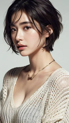 (Best quality, 8k, 32k, Masterpiece, UHD:1.2),Photo of Pretty Japanese woman, large breasts, very short bob hair,upper body,face focus,oversized_sweater, necklace, simple background, from above, looking at viewer,
