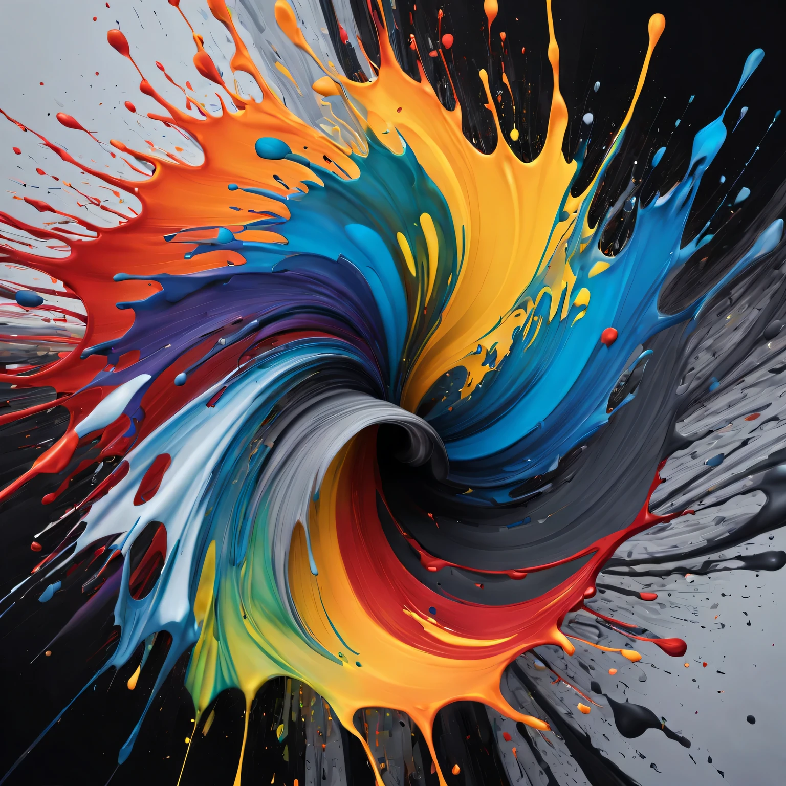 (best quality,4K,8k,high resolution,masterpiece:1.2),Super detailed,(actual,photoactual,photo-actual:1.37),Ink splash swirl,Abstract illustration,Fluid dynamics,Chaotic motion,Dynamic energy,organic shapes,spontaneous creation,bright colors, high contrast，Detailed ink splatter,swirling vortexes,twist line,sharp edge,Smooth gradients,Dominant black background,Subtle gray tones,shades of grey,soft light,tough texture,Highly expressive,inner experience,vivid inkblots,dynamic composition.