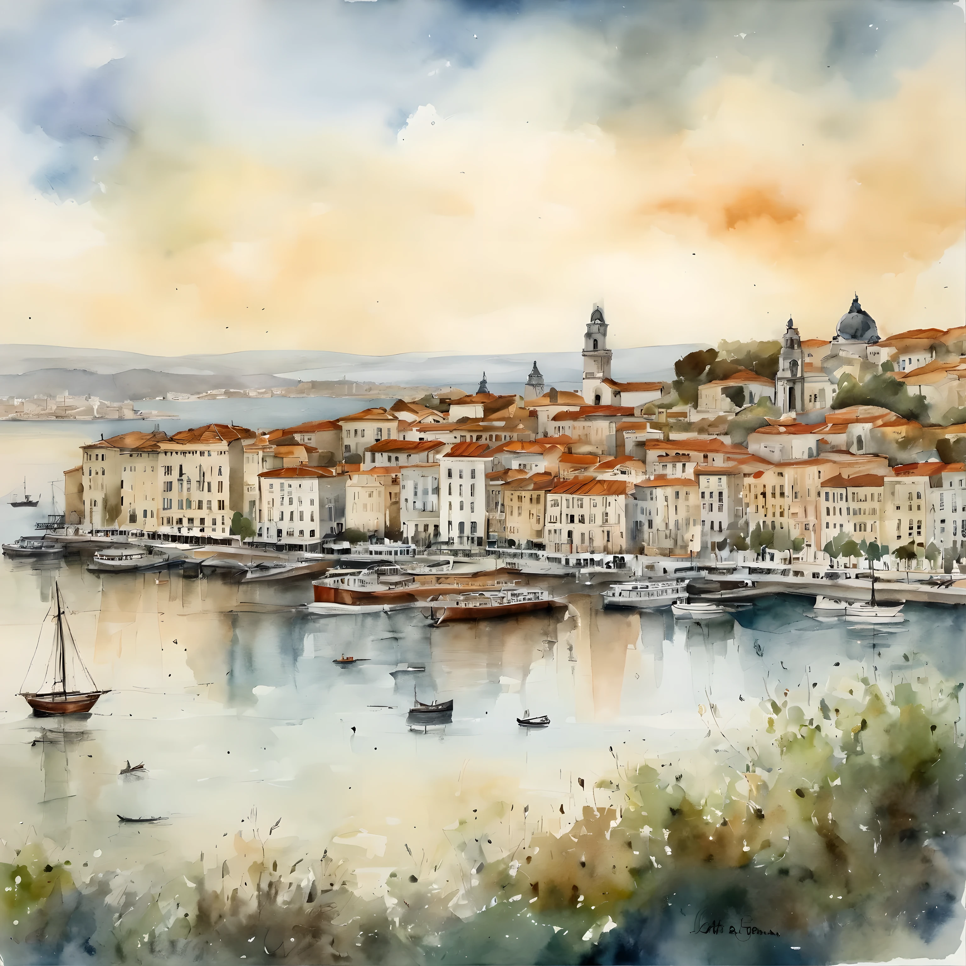 Port of lisbon and beautiful view of the Bosphorus in style by Jean Paul Croquineur.  lisboa, Barcos, nubes, acuarela, Architectural drawing, clausura, Vista frontal con plano, pluma, [color de tinta], tonos sucios, coloreado