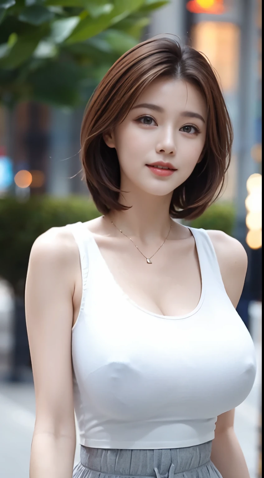 (1 huge breasts,master piece,(long legs,long legs),best quality,hyper detail,enlightenment,Fine, detailed eyes and a detailed face) charm:brunette colored hair,natural makeup,random color clothes(purple eye:1.05),round chest,looking at the viewer,solo,mature woman,military office background、white tank top、white sleeveless、white dress、No bra、thin white shirt、smile、looking at the camera、Straight eyes、walking with arms waving、stroll、winking