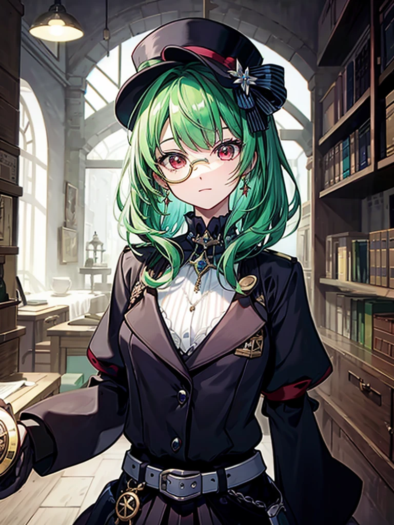 (((masterpiece、Highest image quality、highest quality、highly detailed unity 8kwallpaper)))、((Illustration of one girl、upper body))、(((beautiful girl)))、(librarian)、(Emerald green hair、messy hair、sidelocks:1.2、red eyes、crazy smile)、(((flat chest)))、(((monocle)))、pocket watch、(((Black top hat、Black tuxedo、belt)))、great medieval library、Large amount of books