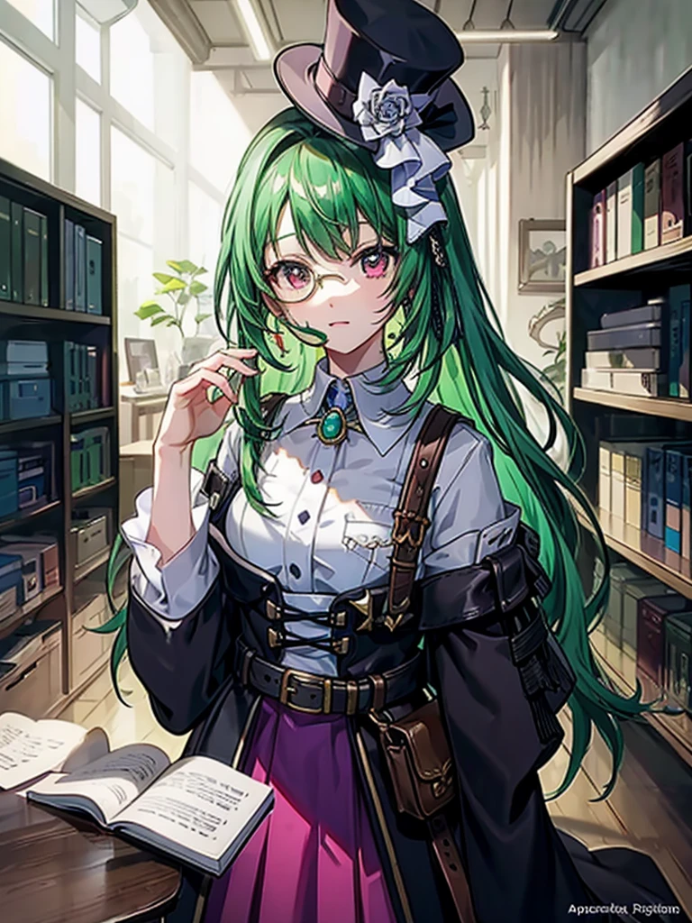 （（（masterpiece、Highest image quality、highest quality、highly detailed unity 8ｋwallpaper）））、（（Illustration of one girl、upper body））、（（（beautiful girl）））、（librarian）、（Emerald green hair、messy hair、sidelocks：1.2、red eyes、crazy smile）、（（（flat chest）））、（（（monocle）））、pocket watch、（（（Black top hat、Black tuxedo、belt）））、great medieval library、Large amount of books