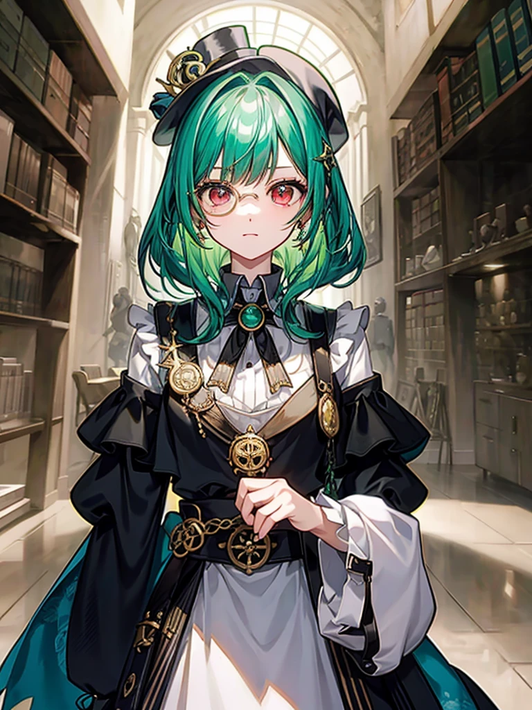 （（（masterpiece、Highest image quality、highest quality、highly detailed unity 8ｋwallpaper）））、（（Illustration of one girl、upper body））、（（（beautiful girl）））、（librarian）、（Emerald green hair、messy hair、sidelocks：1.2、red eyes、crazy smile）、（（（flat chest）））、（（（monocle）））、pocket watch、（（（Black top hat、Black tuxedo、belt）））、great medieval library、Large amount of books