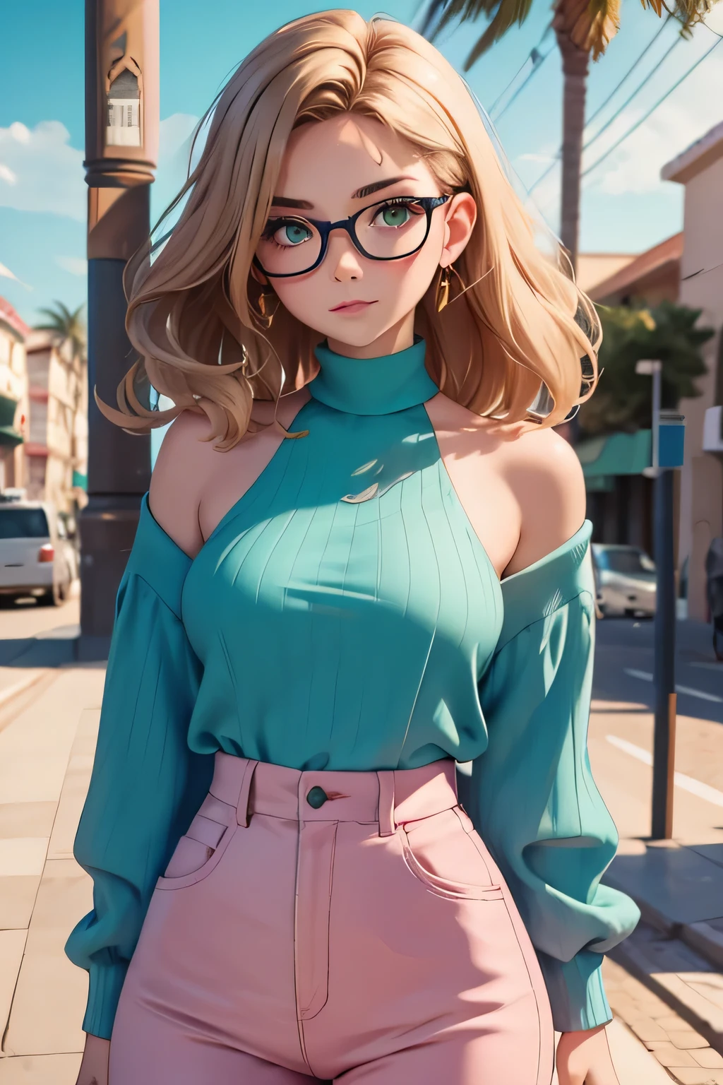 (masterpiece, professional photo:1.1), (8k, high resolution), single, solo women, European, (straight messy hair (dark blonde)), sexy curve, beautiful face, ultra detail eyes, (glasses:1.1), small breast, (high waist short pink:1.2), (teal high neck:1.2), sexy goddess, street, old beach side build, high quality image