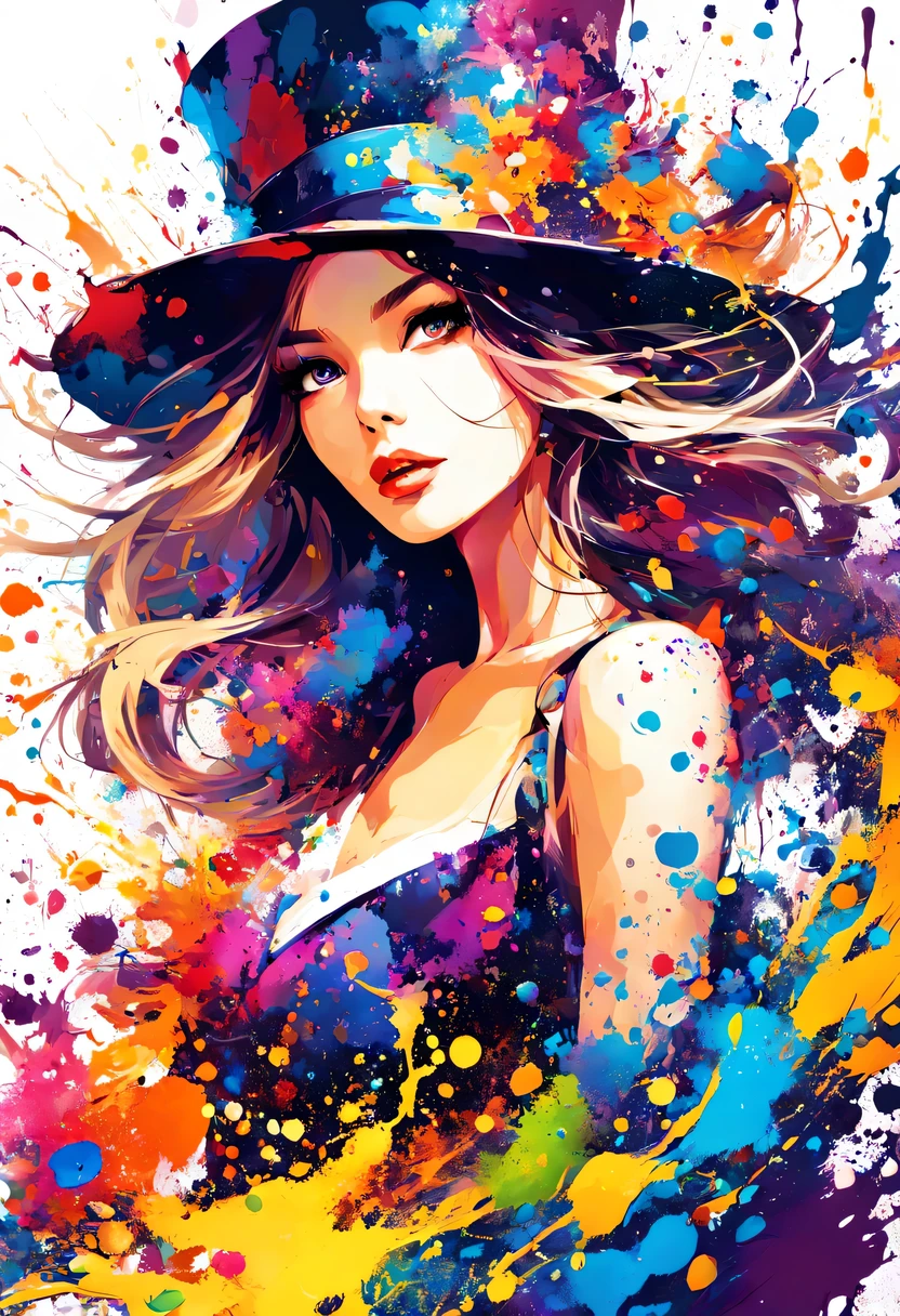 masterpiece, Splash Art, Rich and colorful, Rich and colorful Splash Art, Drop、Splattered Paint Painting, magician, beautiful girl,Stylized abstract portrait of beautiful girl