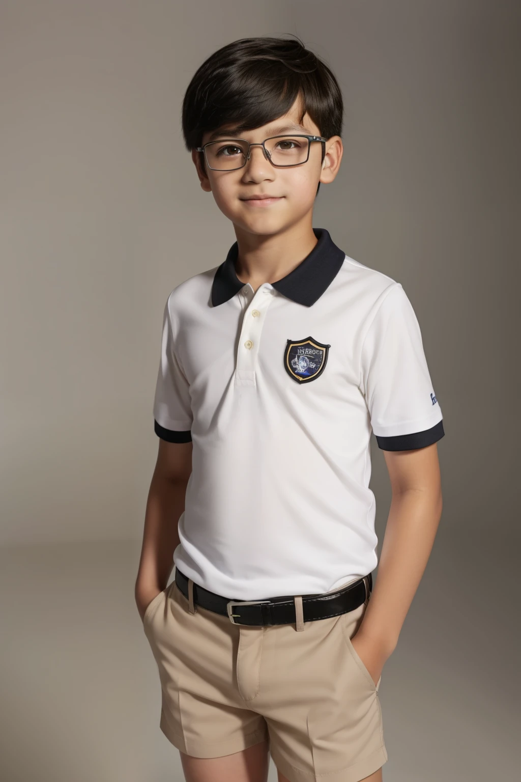 ((((-yeld)) )), boy with black eyes and black hair, wearing light beige knee-length shorts, a white short-sleeved shirt, a polo vest and eyeglasses. Geek