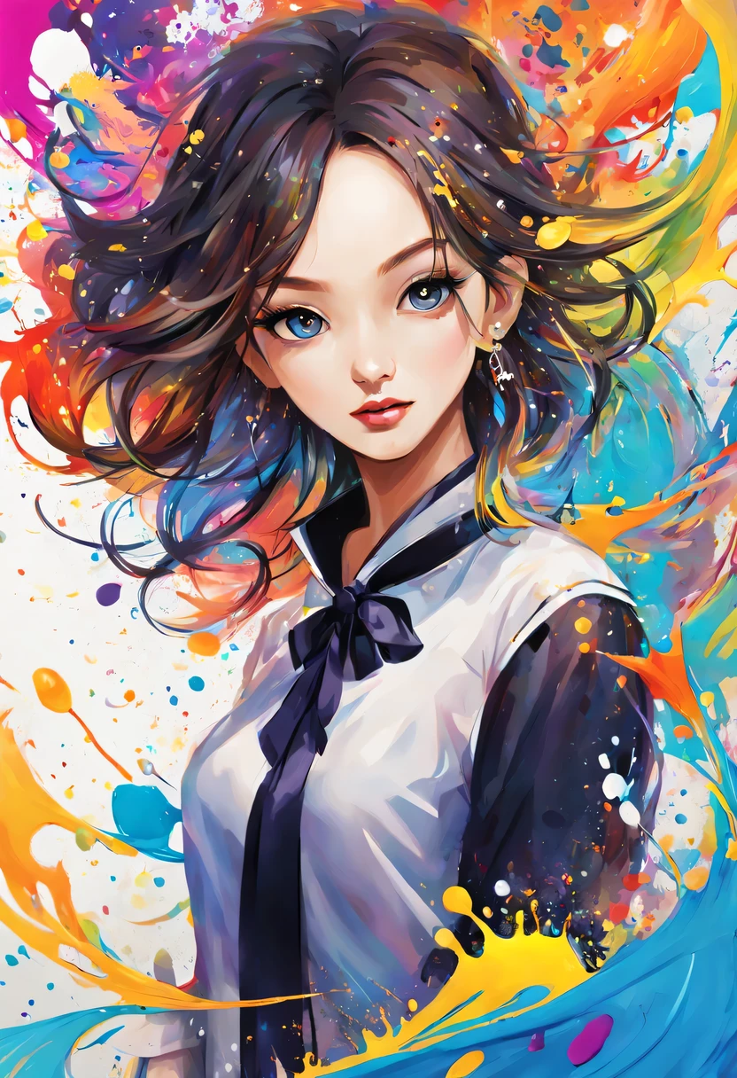 masterpiece, splash art, colorful, colorful splash art, reduce、Scattered paint painting, magician, beautiful girl,Stylized abstract portrait of beautiful girl