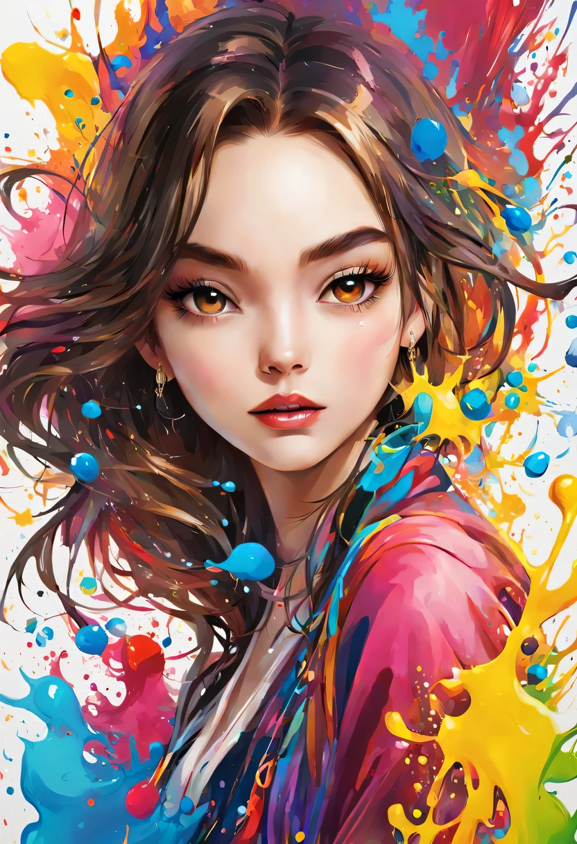 masterpiece, splash art, colorful, colorful splash art, reduce、Scattered paint painting, magician, beautiful girl，Stylized abstract portrait of beautiful girl