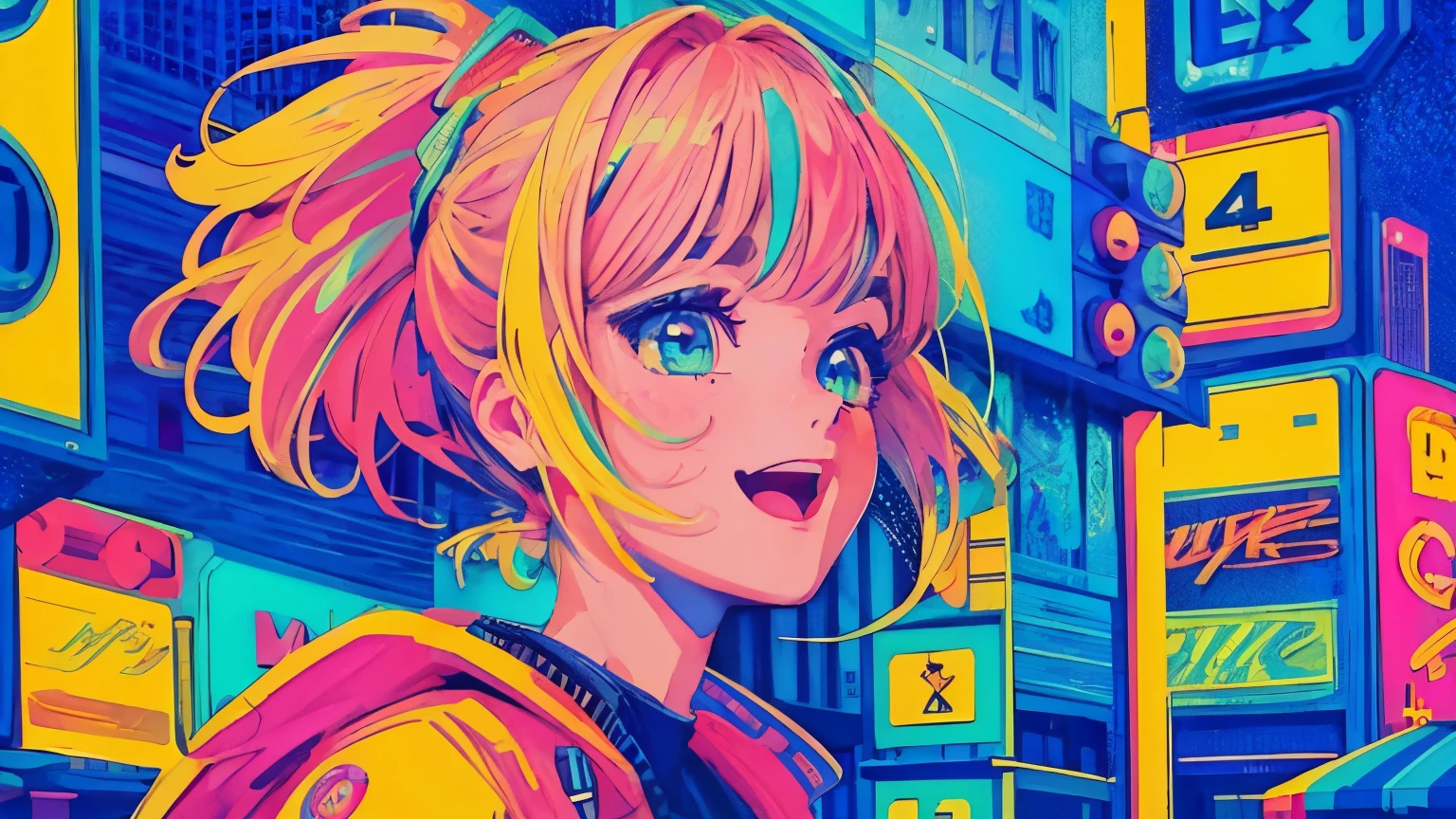 best quality, 4K wallpaper, masterpiece, extremely detailed CG unity 8k wallpaper, extremely detailed eyes, ultra-detailed, intricate details, close up 1 happy girl in center, retro art style, neon_pop art style, public, outdoors, road sign, city, people