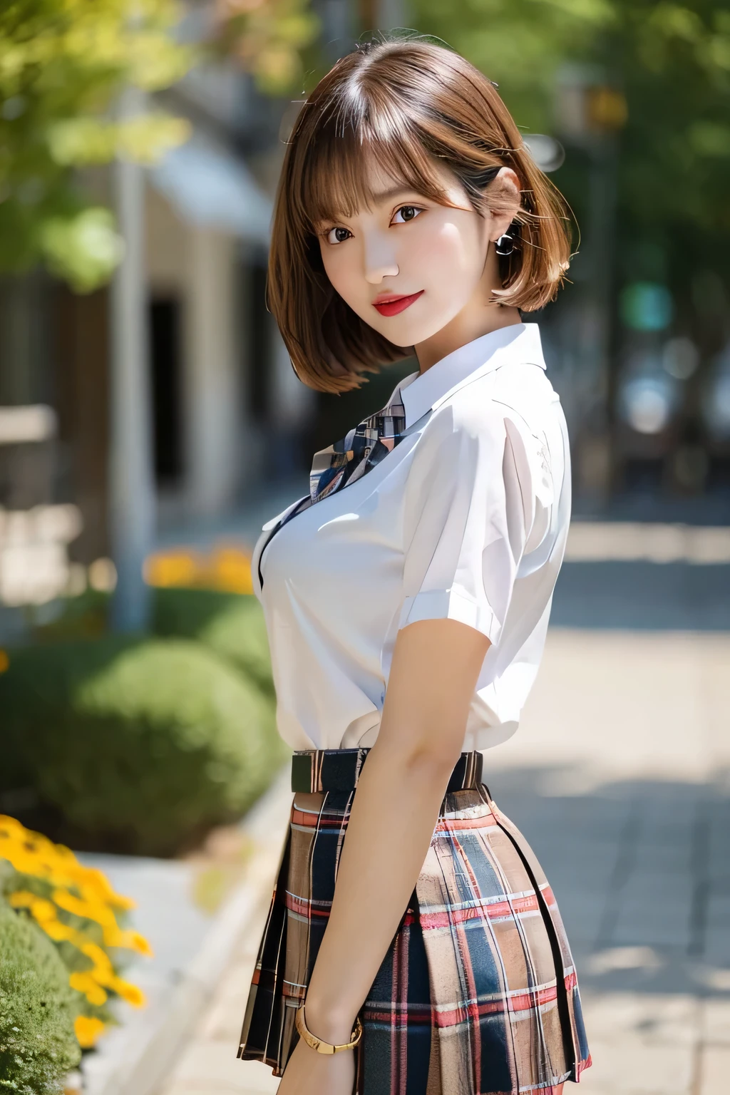 NSFW, 8K RAW photo, highest quality, masterpiece, ultra high resolution, film grain,movie,
1 girl, looking at the viewer,
natural skin texture, Realistic eye and face details, full lips, lipstick, rouge \(compensate\), red eyeshadow, Fluffy shorthair, messy hair, smile, close your mouth, beautiful feet, tall woman, skinny, slim_feet, alone,
huge breasts,cleavage,
pose with your butt facing yourself,
super short skirt, teeth, shirt,
beautiful natural location,Around Hanaba, Plaid skirt, white shirt,
huge breasts,cleavage, Show a little cleavage through the shirt,
loafers,
blurry background, blurry, holding, Plaid, short sleeve, JK ribbon on the neck, JK ribbon,
brown hair, bracelet, water, bangs, school uniform, jewelry, parted lips, lips, From the side, pleated skirt,
written boundary depth, black hair,
looking at the viewer